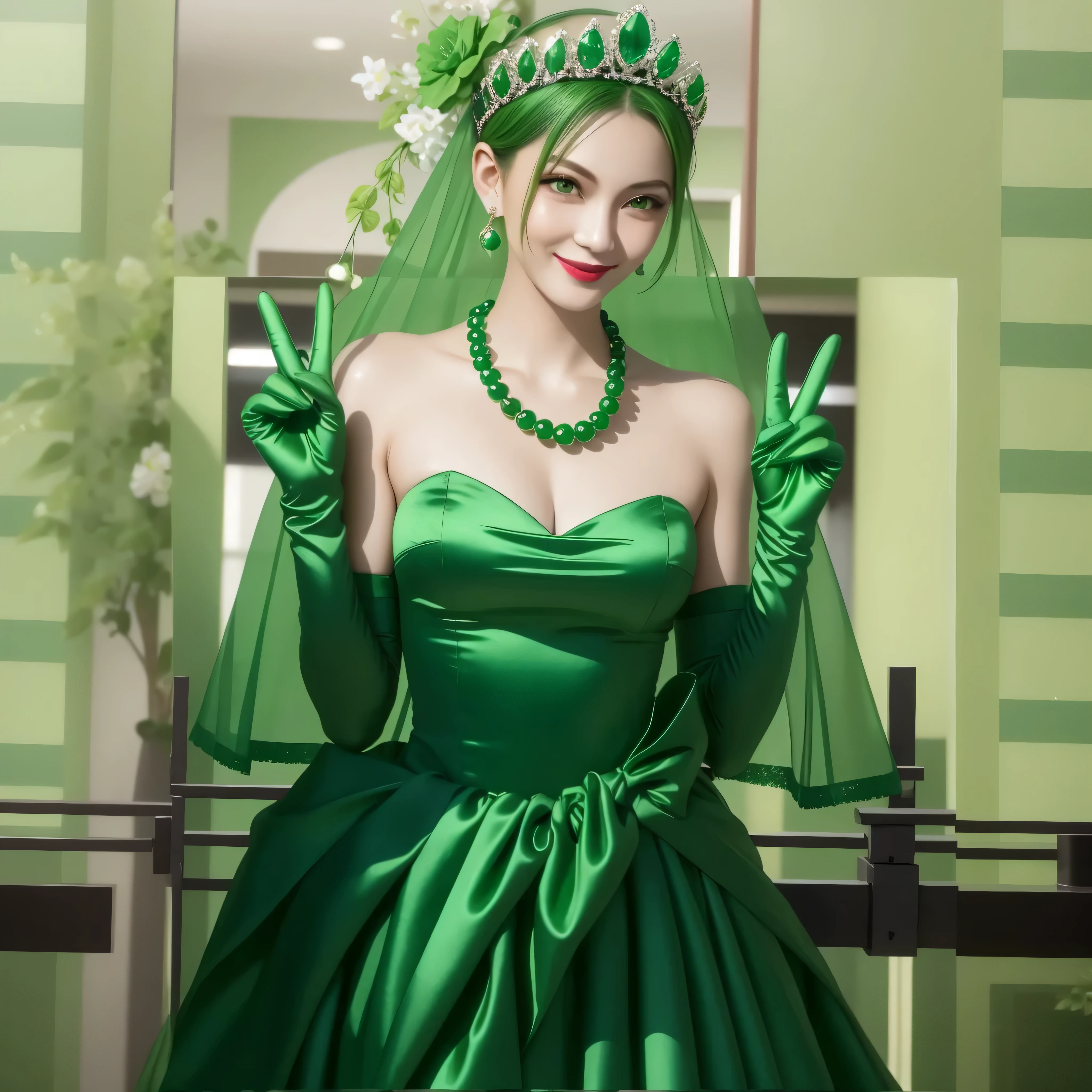 emerald tiara, green pearl necklace, Boyish green berry short hair, lipstick, Smiling Japan woman, very short hair, big breasts beautiful, green eyes, Green long gloves made of satin material, green eyes, V sign, emerald earrings, 30 generation women