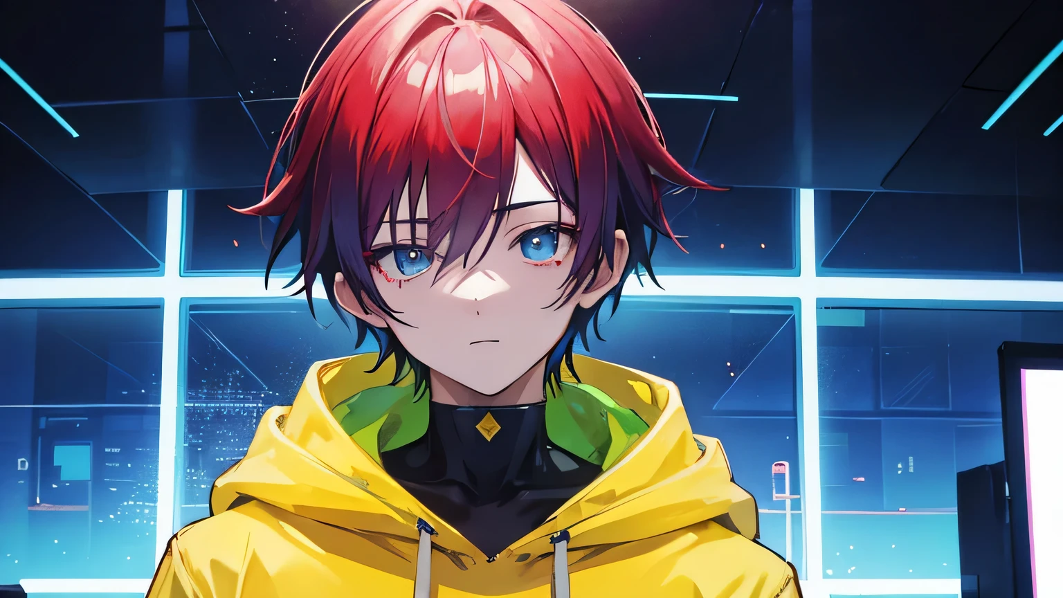geeky smart anime man wearing a yellow hoodie showing image on his background screen and talking about itcool background with red,green and blue lights perfect shadows, high quality shading, photorealistic,