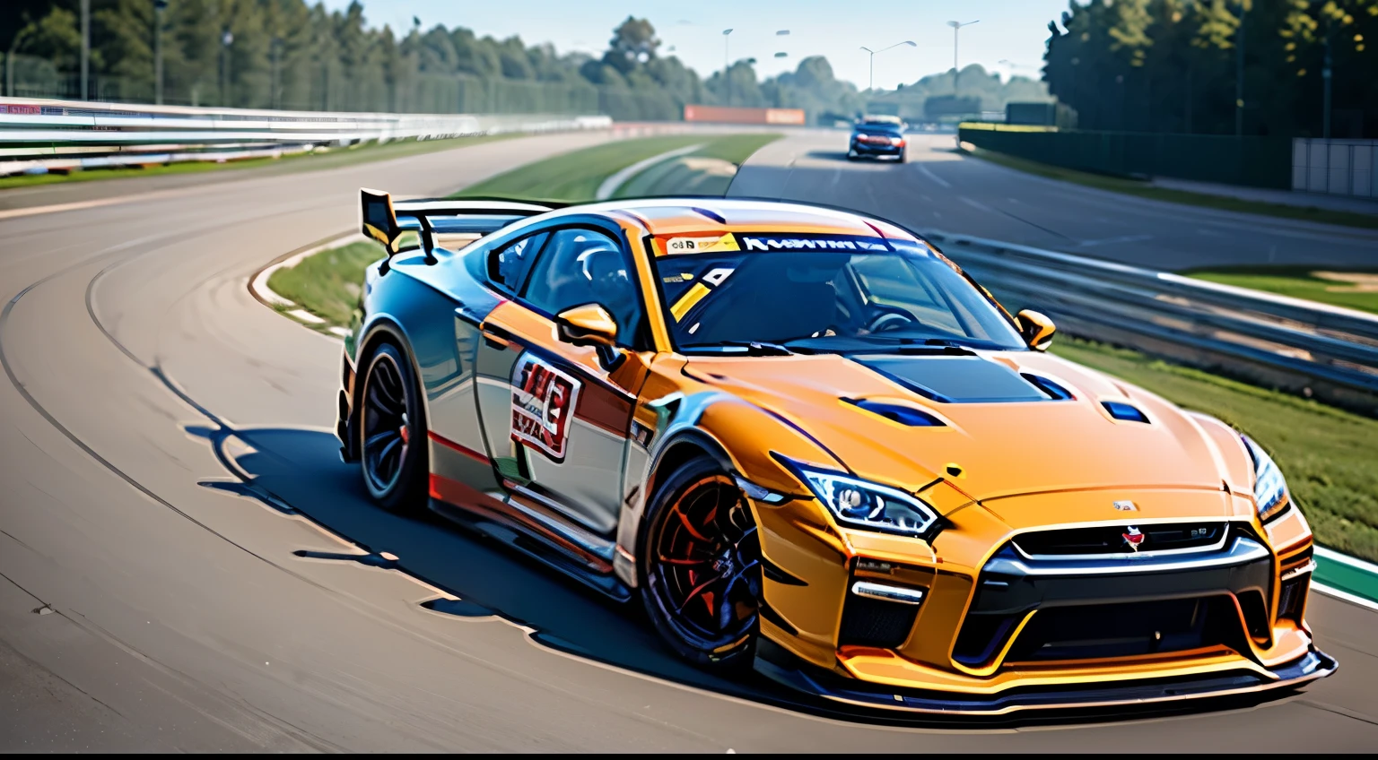 (best quality,8K）,A white and red sports car driving on the track, Xu 1, A red-bearded guy driving a GT3, Surreal&quot;, Surreal&quot;, nissan gtr r 3 4, Game CG, New artificial intelligence race, next generation graphics, Highly realistic concept art, 8k rendering&quot;, Inspired by José, PlayStation 5 Graphics, [ 4K realism ]