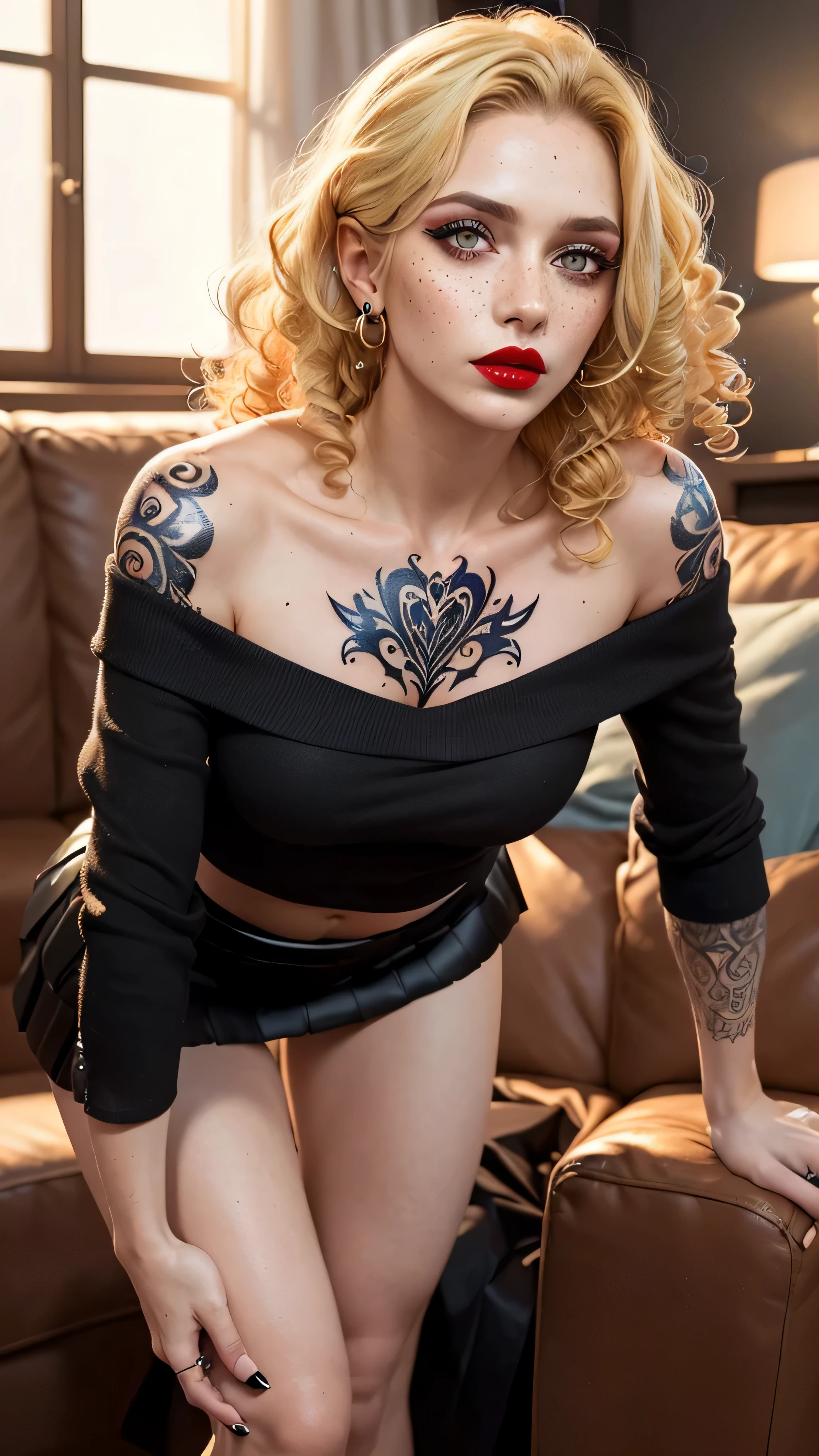 ((best quality: 1.5)) ((masterpiece: 1.2)), intricate details, sharp focus, professional, real life, realistic representation of the face, dynamic pose, in the style of realistic and hyper detailed renderings BREAK (((Muscular woman, ((body tattoos:0.4, (((black skirt, men's shirt, off shoulder, leaning forward), blackout goth eyeshadow, red lipstick)))), golden hour, ((((long blonde curly hair)), [flat chest:medium breasts:0.8]), indoors, couch), pouting, freckles: 0.7, iceblue eyes))), photorealistic, hyper-realistic, 8K