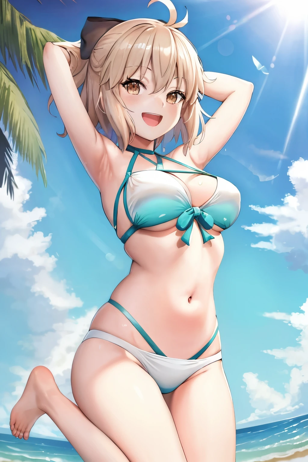 masterpiece, best quality,extremely detailed CG unity 8k wallpaper,
1girl,okita souji \(fate\), swimsuit,bikini,
smile,open_mouth,jumping,sunlight,