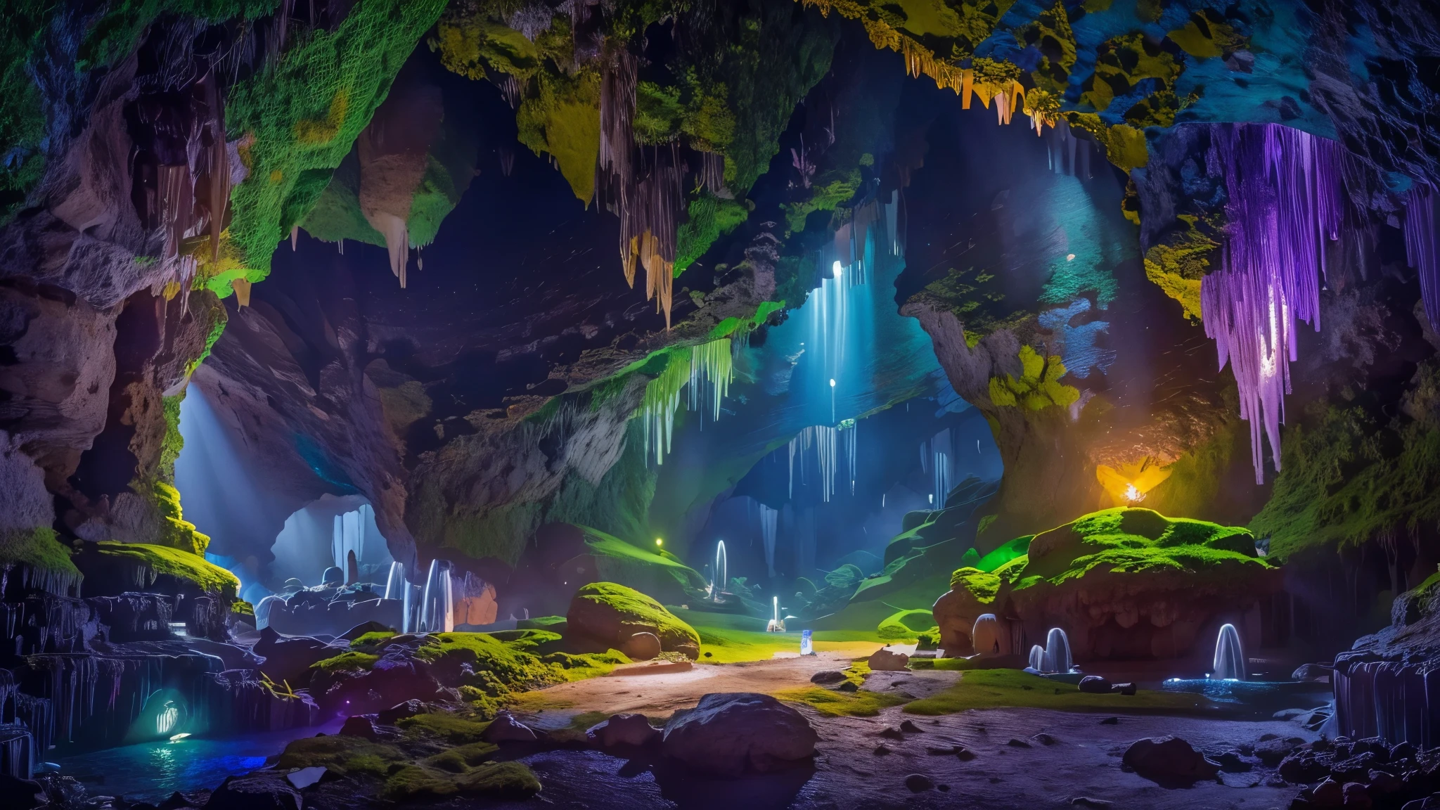 A panoramic view of a majestic cave filled with shimmering gems, creating a mystical atmosphere. The high-resolution image will showcase the intricate details of the gems, making it a true masterpiece. The cave is expansive, with stalactites and stalagmites forming unique and awe-inspiring structures. The gems are scattered throughout the cave, illuminating the surroundings with their radiant light. The colors are vivid, with a mix of deep blues, vibrant greens, and sparkling purples. The lighting is perfectly balanced, highlighting the beauty of the gems and casting soft shadows on the cave walls. The overall image quality is of the highest standard, capturing every fine detail in Ultra-HD resolution. It is a mesmerizing artwork that combines the natural beauty of the cave with the enchanting allure of the shining gems.