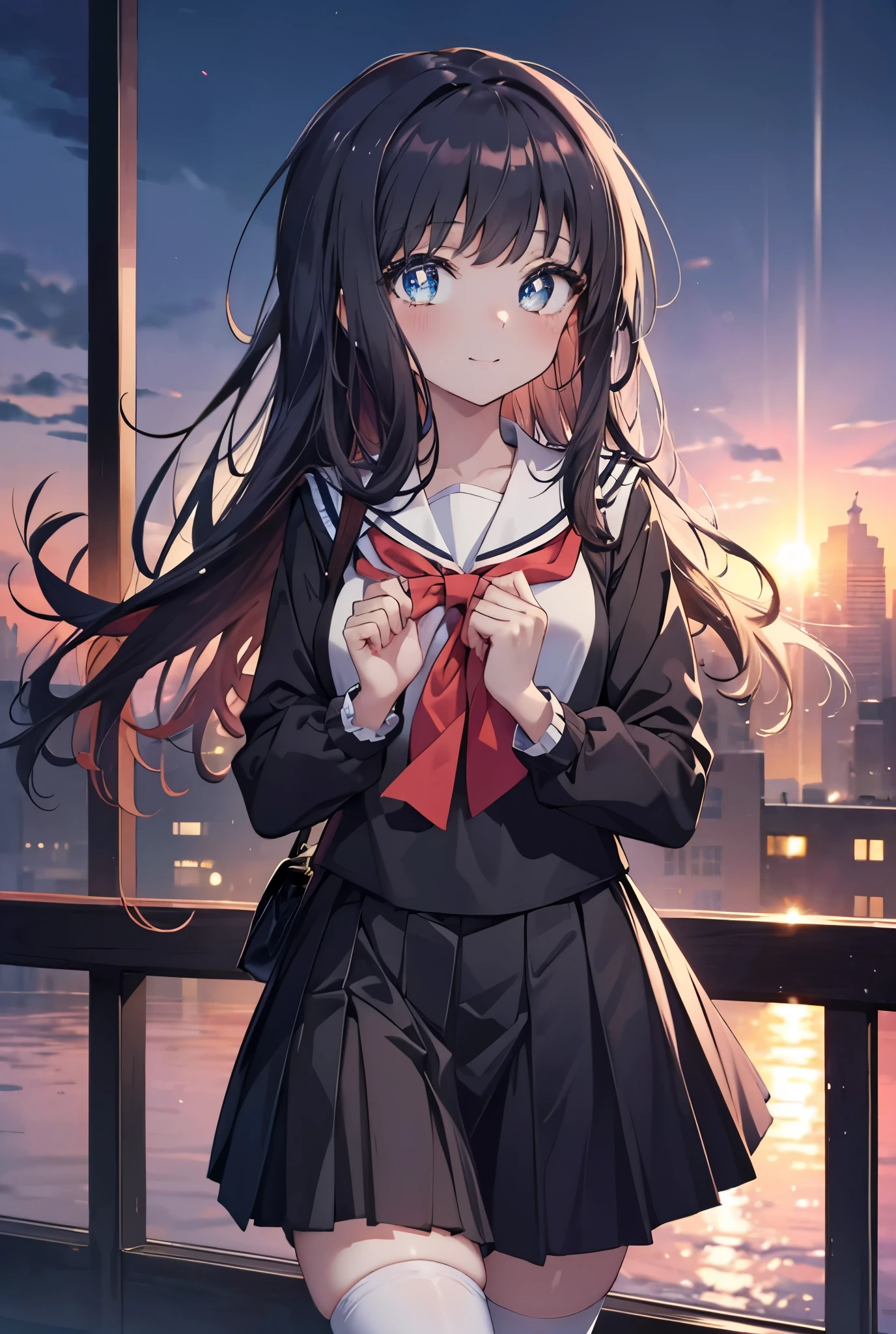 masterpiece, highest quality, disorganized, perfect anatomy, 1 girl, alone, Itsuwa,medium long hair,black hair,brown eyes,smile,blush,Happy atmosphere black sailor suit,black pleated skirt,white stockings,brown loafers,walking,evening,sunset,In town,building street,(masterpiece:1.2), highest quality, High resolution, unity 8k wallpaper, (shape:0.8), (beautiful and detailed eyes:1.6), highly detailed face, perfect lighting, Very detailed CG, (perfect hands, perfect anatomy),