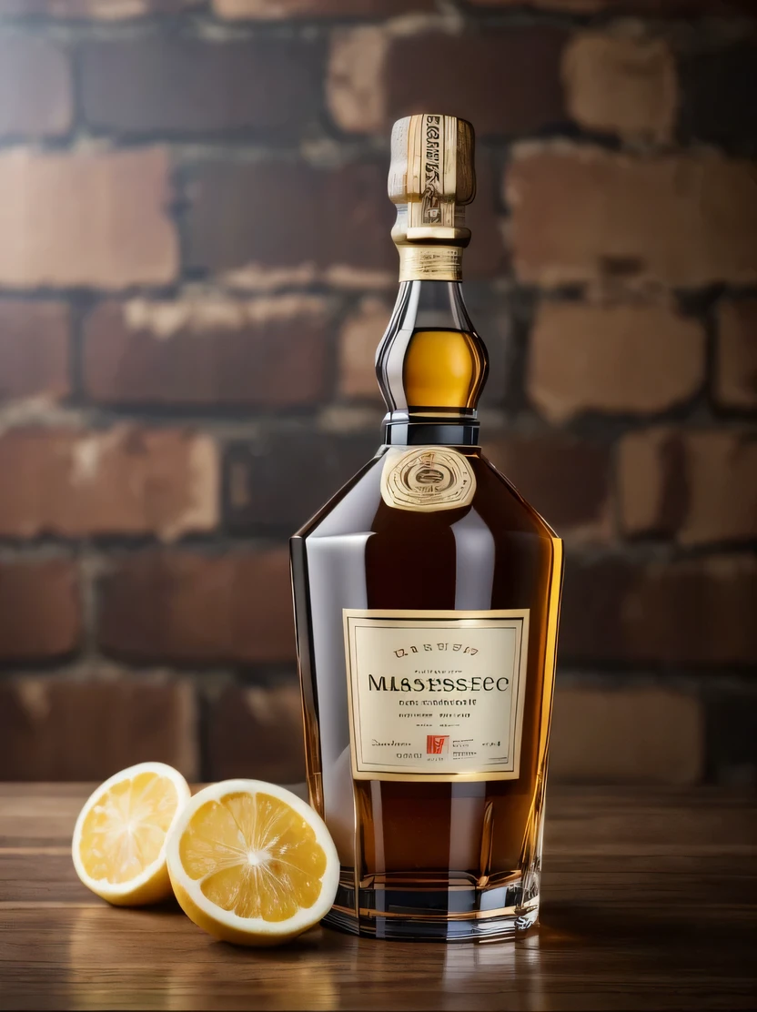 ((masterpiece、highest quality、Super detailed、High resolution、realistic、sharp focus))、((there are no humans))、high contrast、high color saturation、Note the large brandy bottle、ticker、cognac、Rémy Martin、brandy glass with brandy、brick wall background、blurred background