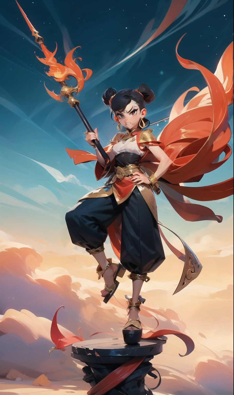 1 girl, There is blood on the face, angry, holding a spear, (flight), Chinese mythology,cloudy, detailed sky, abstract background, (flame_Chung_style:0.5)