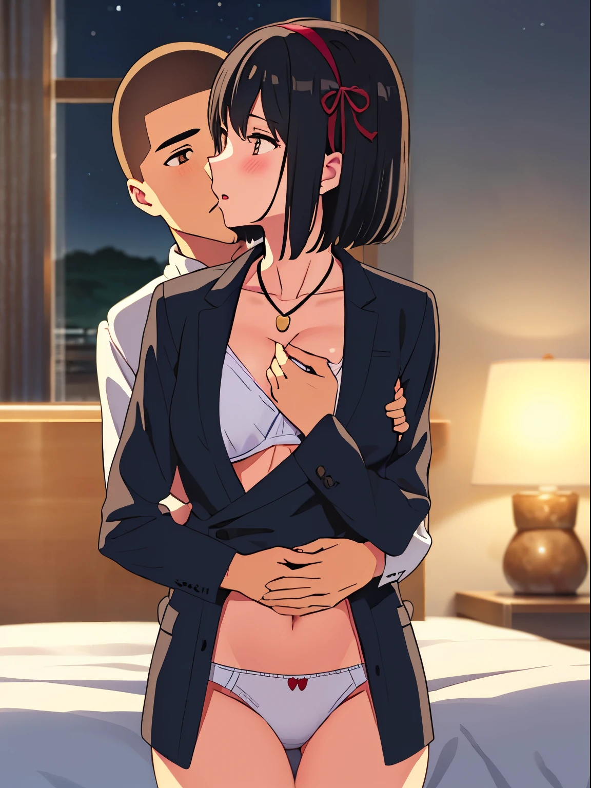 1boy, buzzcut, boy behind girl, touching chest, breatsgrope from behind, grab, grabbing chest,chestgrab behind back, hold breast, hug back, hugging, neck kiss, 1girl, mature woman, black hair, red headband, red ribbon, short hair, brown eyes, blue star necklace, white collared shirt, open shirt, unbuttoned shirt, navel, medium breast, pink nipples, white panties, cute, open mouth, full body, long sleeves, cowboy shot, masterpiece, on a dating, blushing, bedroom, night, sit on bed