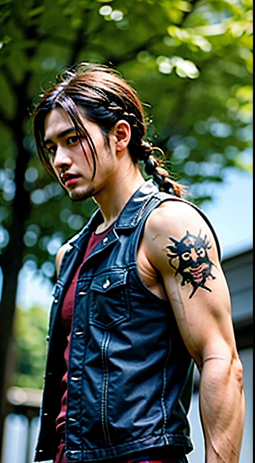 gut aussehend,gutaussehend,japanisch, japanese male punk hairstyle, Muskel,schwarz gothic streampunk style, muscular,Mann,masculine,Tattoos, Ultra detailed face and body, punk Frisur, Punk Hairstyle, 30 Jahre alt, Age30,undercut, sidecut, hairstyle Wild long braided braid Sides of head shaved bald, undercut, sidecut, Frisur Wilder langer geflochtener Zopf Seiten des Kopfes kahl rasiert, , Leather vest etched and decorated with patterns, Lederhose,Buzzcut Hairstyle