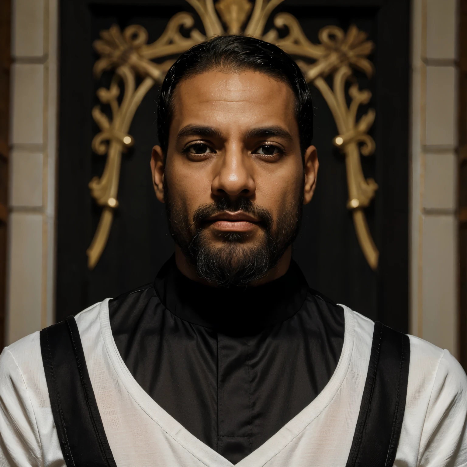 Negro careca com barba grande e terno