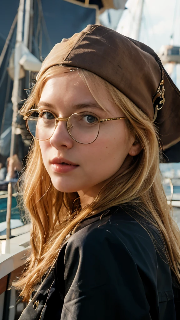 Blonde girl with glasses, dressed as pirates of the Caribbean, nice woman, Against the background of the ship