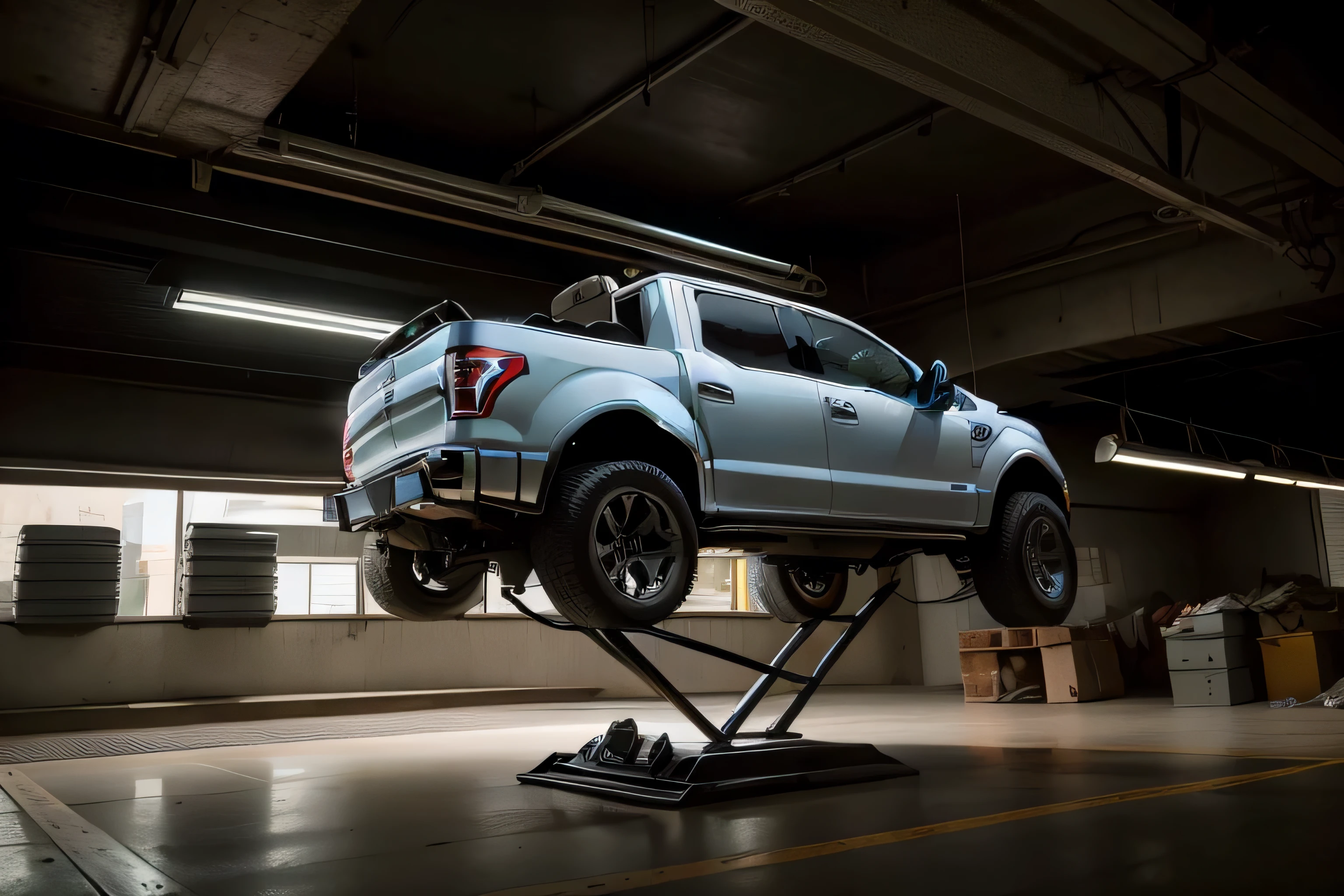 The car on the scissors in the garage was replaced by a Ford F150，There is a car on it, surreal”, surreal ”, dynamic angle shooting, surreal”, surreal”, car photography, surreal”, surreal”, surreal, concept, behind the scenes, surreal”, a surreal, wide angle panorama, vehicle photography, surreal的, surreal