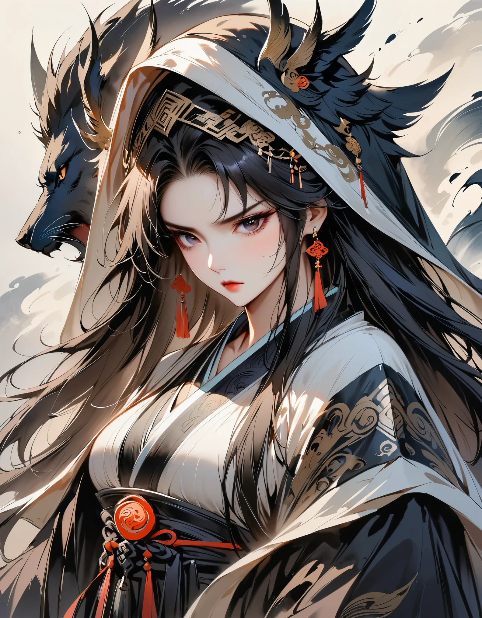 (masterpiece, best quality:1.2), 1 girl, alone，Two dimensions，amazing,Inspired by the myths and legends of Guilin, China:Liu Sanjie，A bust of a woman 白色的长发，black eyes, a woman, with a cloak on his head, metal jewelry, Serious expression, attack action, head down, hanfu, black clothes, icy look in the eye, loose hair, (ink smudges) beautiful figure painting, Clothing black and white ink style, Delicate complexion, watercolor, soft, martial arts style, ethnic style, Exquisite and beautiful face, girdle, sharp vision，black theme，The ferocious beast behind，tiger，body movements，whole body，shoe，sock