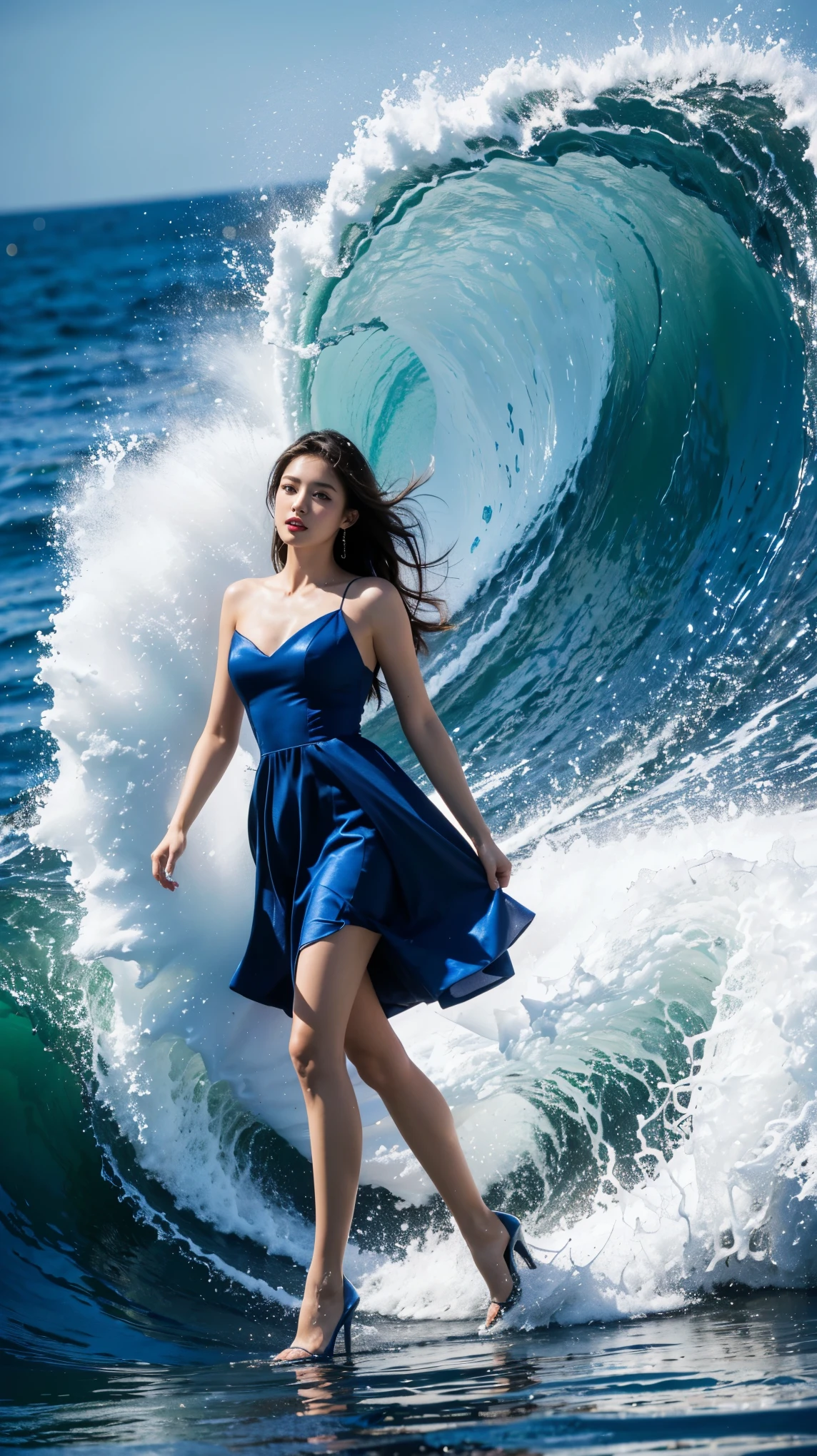 highest quality,masterpiece,ultra high resolution,(actual:1.4),original photo,ultra high resolution，8K，there is a woman，Fair skin，exquisite makeup，big waves of red lips，blue dress，high heels，long legs，bright and beautiful