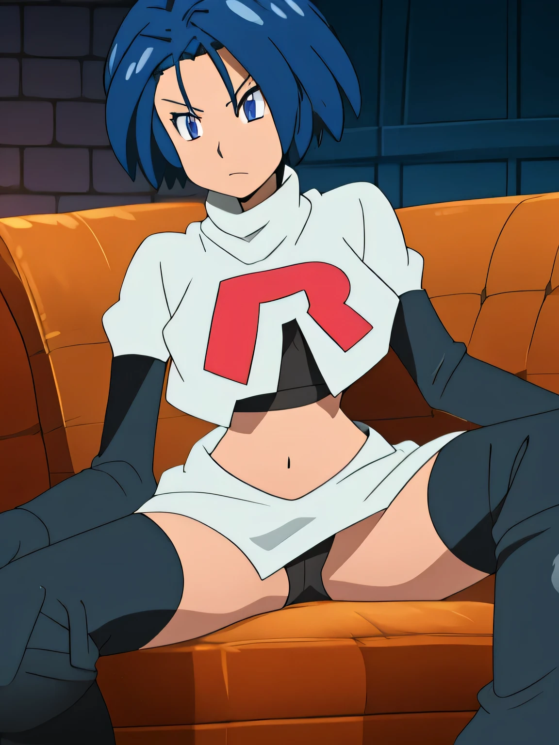 (best quality, 4k, 8k, highres, masterpiece:1.2), team rocket uniform, red letter R, white skirt, white crop top, black thigh-high boots, black elbow gloves, spread legs, black panties, anime style, vivid colors, sharp focus, intense lighting