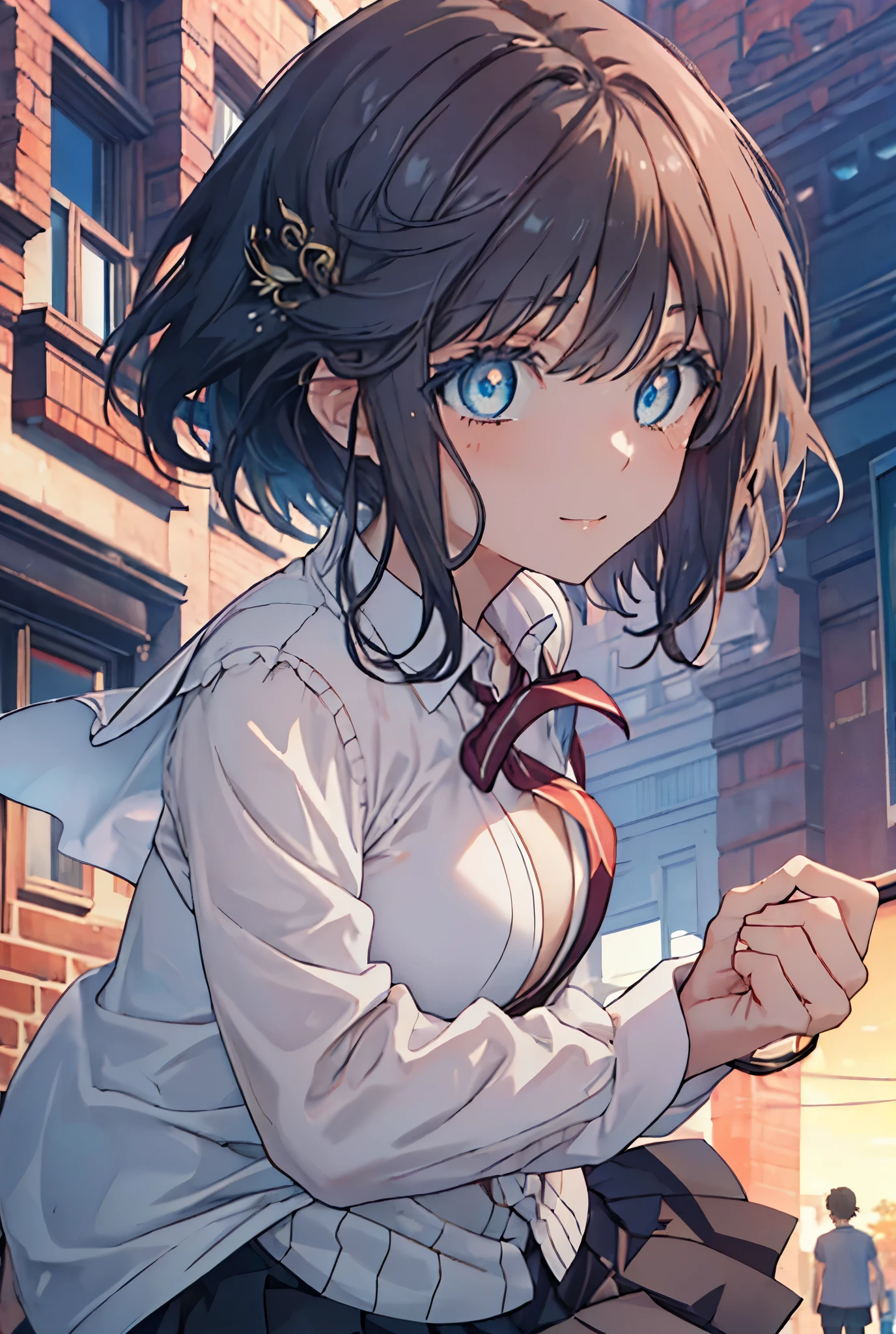masterpiece, highest quality, disorganized, perfect anatomy, 1 girl, alone, Itsuwa,short hair,black hair,brown eyes,smile,blush,Happy atmosphere black sailor suit,black pleated skirt,white stockings,brown loafers,walking,evening,sunset,In town,building street,(masterpiece:1.2), highest quality, High resolution, unity 8k wallpaper, (shape:0.8), (beautiful and detailed eyes:1.6), highly detailed face, perfect lighting, Very detailed CG, (perfect hands, perfect anatomy),