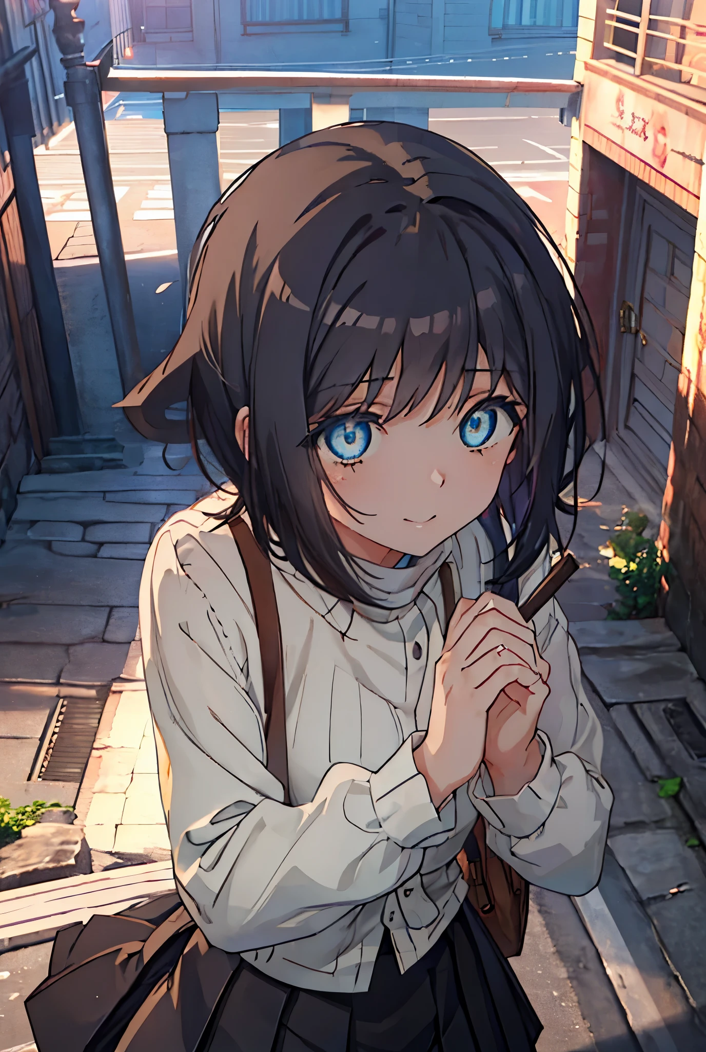 masterpiece, highest quality, disorganized, perfect anatomy, 1 girl, alone, Itsuwa,short hair,black hair,brown eyes,smile,blush,Happy atmosphere black sailor suit,black pleated skirt,white stockings,brown loafers,walking,evening,sunset,In town,building street,(masterpiece:1.2), highest quality, High resolution, unity 8k wallpaper, (shape:0.8), (beautiful and detailed eyes:1.6), highly detailed face, perfect lighting, Very detailed CG, (perfect hands, perfect anatomy),