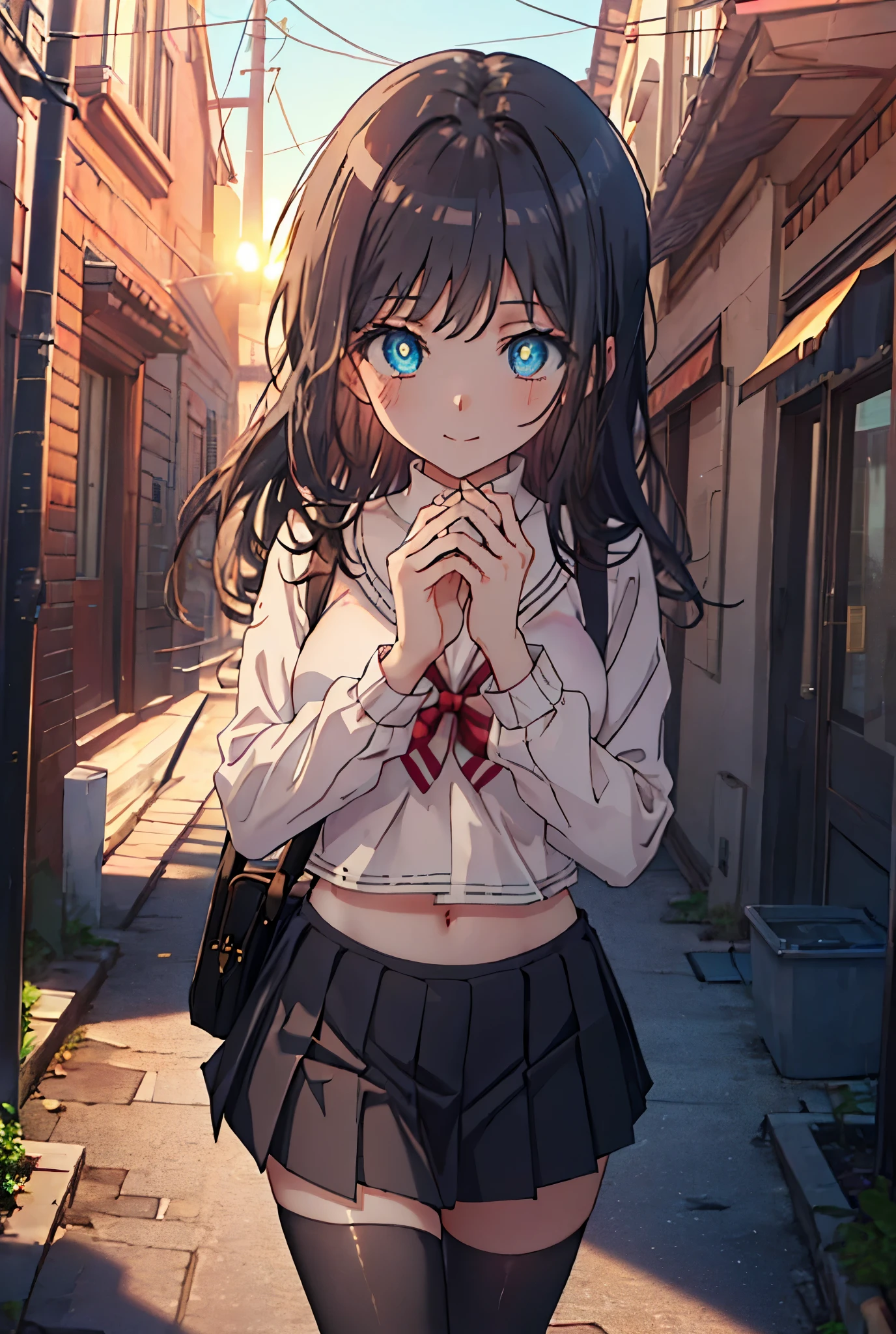 masterpiece, highest quality, disorganized, perfect anatomy, 1 girl, alone, Itsuwa,medium long hair,black hair,brown eyes,smile,blush,Happy atmosphere black sailor suit,black pleated skirt,white stockings,brown loafers,walking,evening,sunset,In town,building street,(masterpiece:1.2), highest quality, High resolution, unity 8k wallpaper, (shape:0.8), (beautiful and detailed eyes:1.6), highly detailed face, perfect lighting, Very detailed CG, (perfect hands, perfect anatomy),