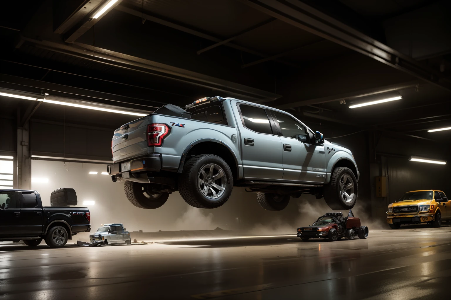 The car on the scissors in the garage is replaced by a Ford F150，There is a car on it, Surreal”, Surreal ”, dynamic angle shooting, Surreal”, Surreal”, car photography, Surreal”, Surreal”, Surreal, concept, behind the scenes, Surreal”, a Surreal, wide angle panorama, vehicle photography, Surreal的, Surreal