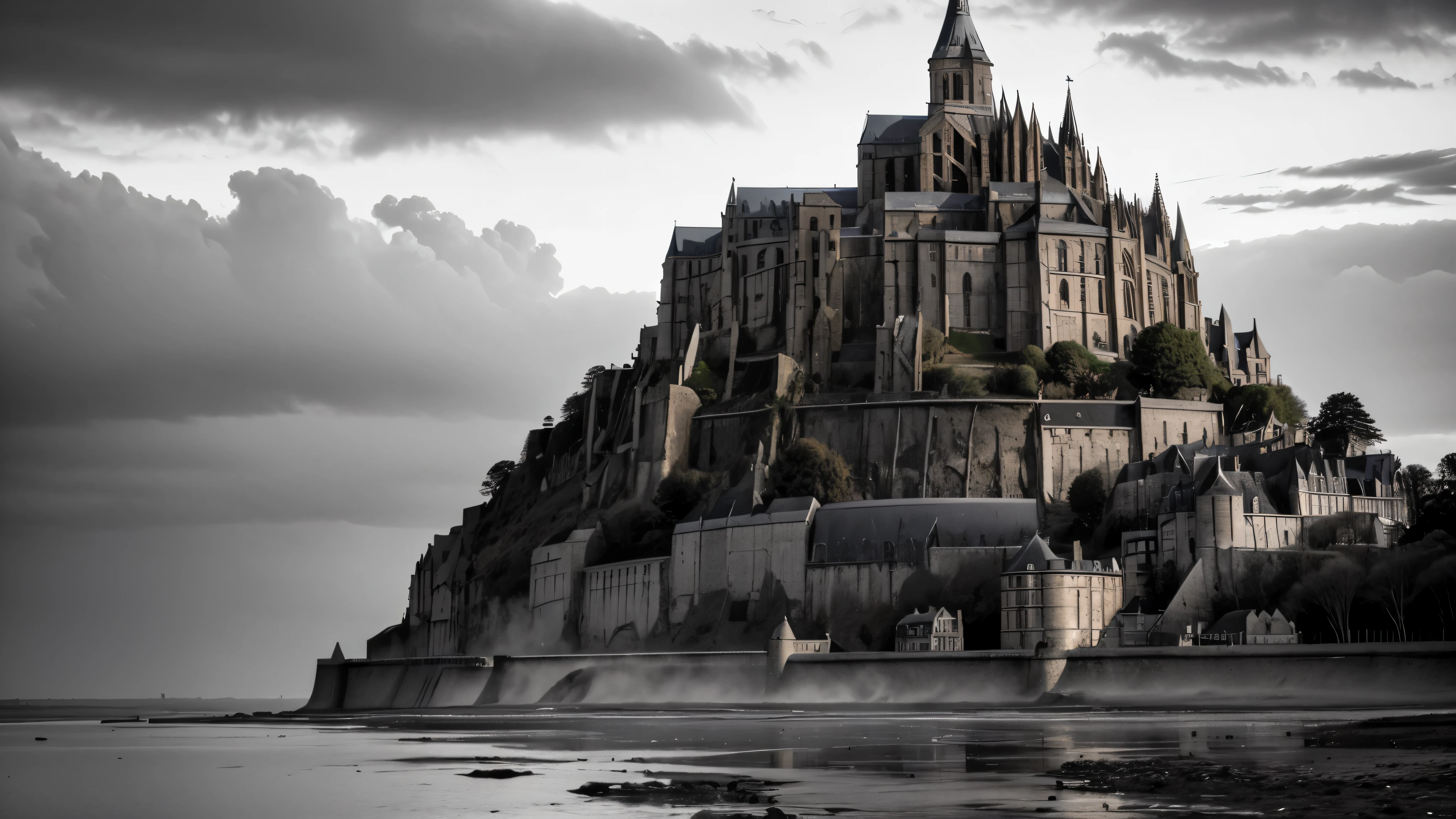 Masterpiece, After the Apocalypse, Mont Saint Michel stands resilient against the backdrop of a new dawn. The dark, tumultuous skies part just enough for a few hopeful rays of sunlight to highlight the Abbey's enduring majesty. Amidst the ruins, this fortress becomes a sanctuary of hope, hinting at the fragile beginnings of a new era. Rendered in exquisite detail and high resolution, this image captures the timeless grandeur of Mont Saint Michel, a beacon of strength and rebirth in a transformed world, 16K, ultra high res.photorealistic, UHD, RAW
