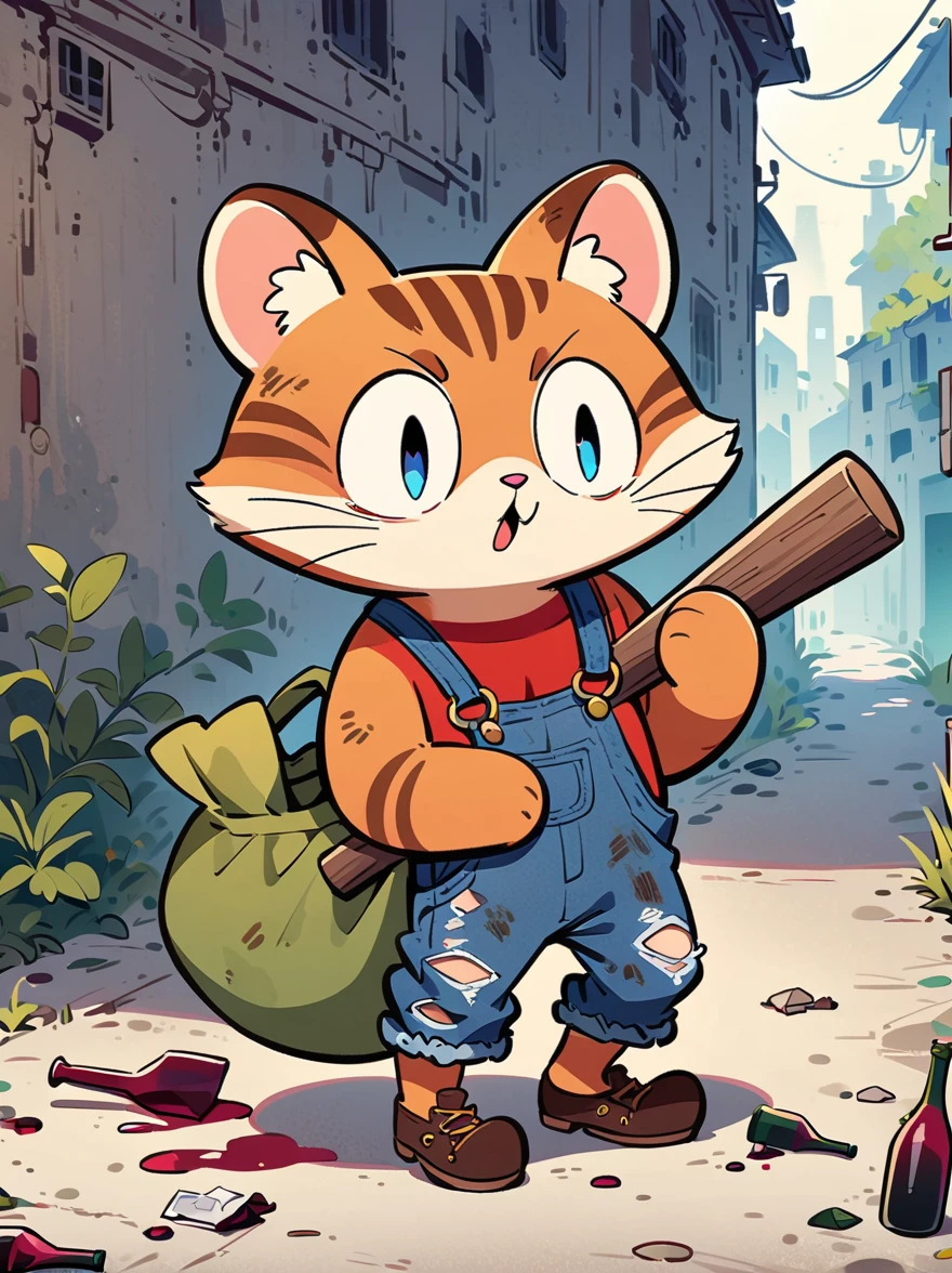cartoon illustration，simple，Anthropomorphic cartoon raccoon depicting an alien life form，Hats with rabbit ears，Holding a big wooden hammer in hand，Alien bioluminescent vegetation in the background, Anthropomorphic cartoon raccoon looks unusual and majestic, Slender and tall, muscular, glowing blue eyes，Sloppy and exaggerated expression，Loose ripped denim ripped overalls overalls，red top，Tattered leather shoes，Carrying a big bag behind him，walking in abandoned streets，Many broken wine bottles around，Dirty environment，correct human anatomy