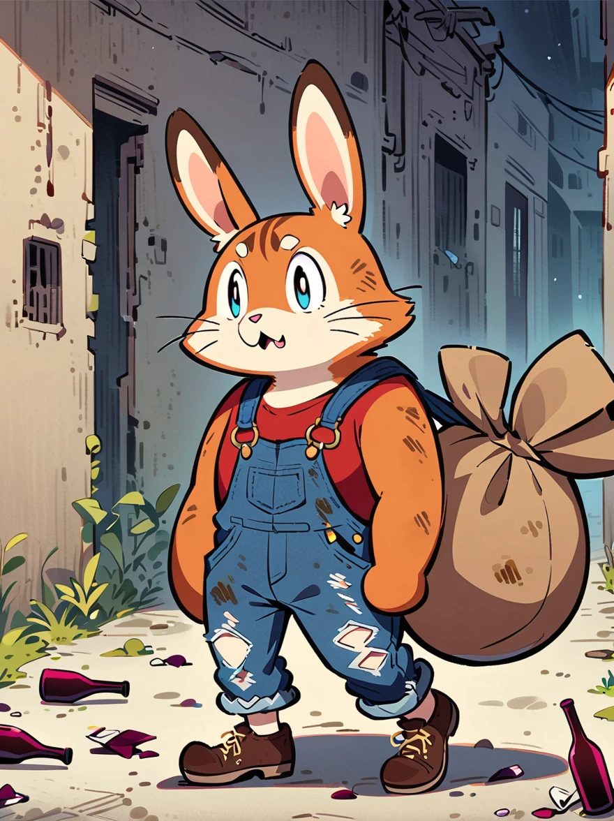cartoon illustration，simple，Anthropomorphic cartoon raccoon depicting an alien life form，Hats with rabbit ears，Holding a big wooden hammer in hand，Alien bioluminescent vegetation in the background, Anthropomorphic cartoon raccoon looks unusual and majestic, Slender and tall, muscular, glowing blue eyes，Sloppy and exaggerated expression，Loose ripped denim ripped overalls overalls，red top，Tattered leather shoes，Carrying a big bag behind him，walking in abandoned streets，Many broken wine bottles around，Dirty environment，correct human anatomy