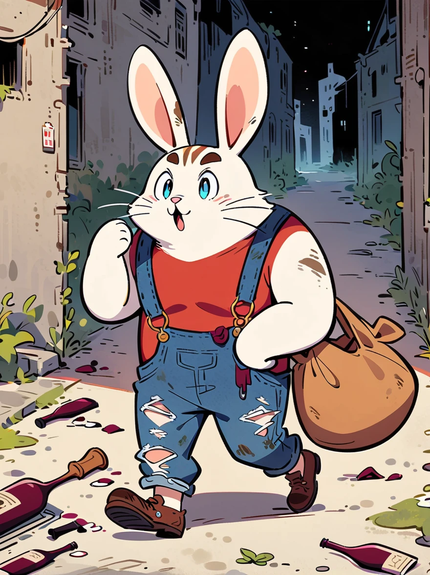 cartoon illustration，simple，depict an anthropomorphic dog，Dirty，eyes dull，Listless，Malaise，decadent，exaggerated expression，Loose ripped denim ripped overalls overalls，red top，Tattered leather shoes，Carrying a big bag behind him，walking in abandoned streets，Many broken wine bottles around，Dirty environment，correct human anatomy