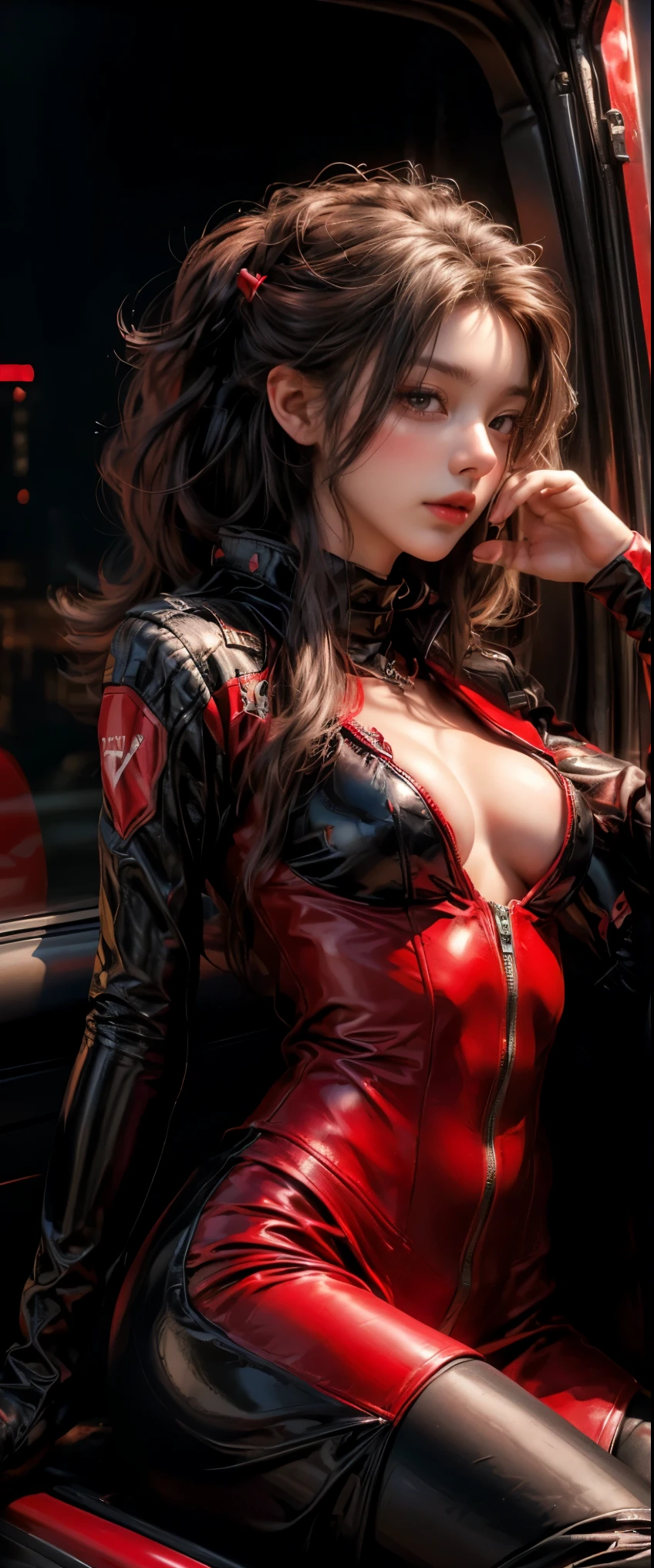 ((masterpiece, highest quality, Highest image quality, High resolution, photorealistic, Raw photo, 8K)), young woman sitting in the door of a car with a devil on it, anna nikonova aka newmilky, Woman in tight pilot suit, kitt, black and red, eighties-pinup style, profile image, profile shot, black and red color scheme, cheeky devil, black and red colors, promo shoot, in red and black, playboy style, , Focus on race cars,