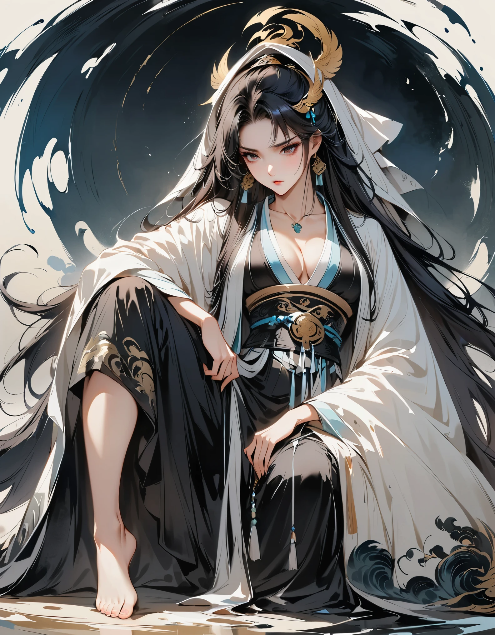 (masterpiece, best quality:1.2), 1 girl, alone，Two dimensions，amazing,Inspired by the myths and legends of Guilin, China:Liu Sanjie，A bust of a woman 白色的长发，black eyes, a woman, with a cloak on his head, metal jewelry, Serious expression, attack action, head down, hanfu, black clothes, icy look in the eye, loose hair, (ink smudges) beautiful figure painting, Clothing black and white ink style, Delicate complexion, watercolor, soft, martial arts style, ethnic style, Exquisite and beautiful face, girdle, sharp vision，black theme，The ferocious beast behind，tiger，body movements，whole body，shoe，sock