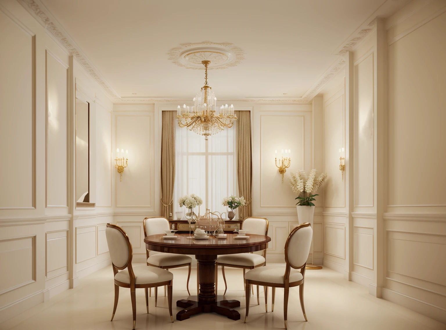 there is a dining room with a table and chairs and a television, neo - classical style, neoclassical style, dining room, neoclassicism style, cg rendering, high quality rendering, popular interior design style, cream - colored room, elegant render, rounded ceiling, interior decoration, rendered in CGI, rendered in 3dsmax, classicism style, 3d rendering, Royal dining table and chairs, Leather and wood chairs, picture, cabinet, flower bow.