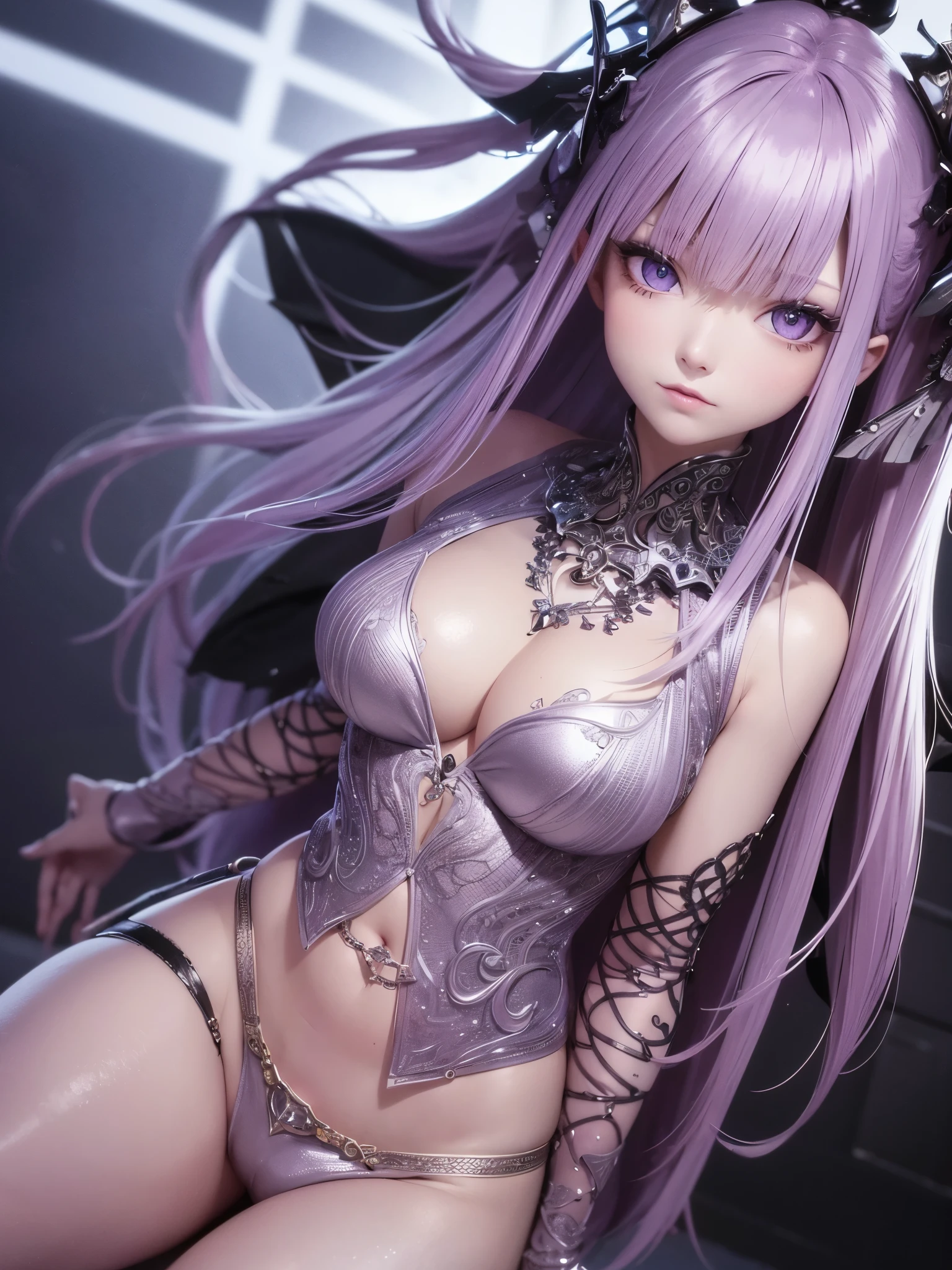 （tmasterpiece，Sideslit，Beautiful eyes：1.2），（tmasterpiece*sportrait），sportrait，busts，（busts），Lifelike，Anatomical correct，3D face，luscious skin，（Solo），Hair with pick-dye，Gradient hair，（closeup of face），Lovely face，（Fire opal-like purple eyes），Hanging eye corners，（（highdetailskin，Visible pores）），（Perfect body），beuaty girl，little breast，（（French clothing）），（neck rings），very short gloves，（chain），（Laser material clothing：1.2）