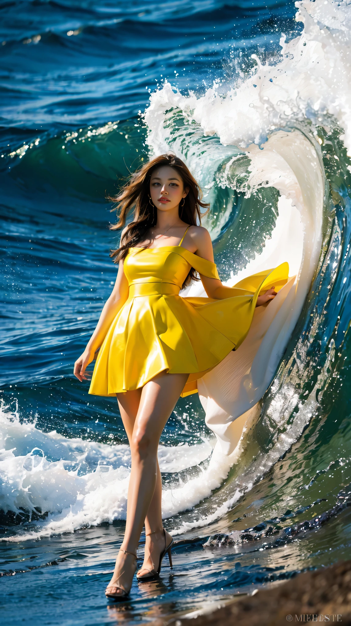 highest quality,masterpiece,ultra high resolution,(actual:1.4),original photo,ultra high resolution,8K,there is a woman,Fair skin,exquisite makeup,big waves of red lips,yellow dress,high heels,long legs,bright and beautiful