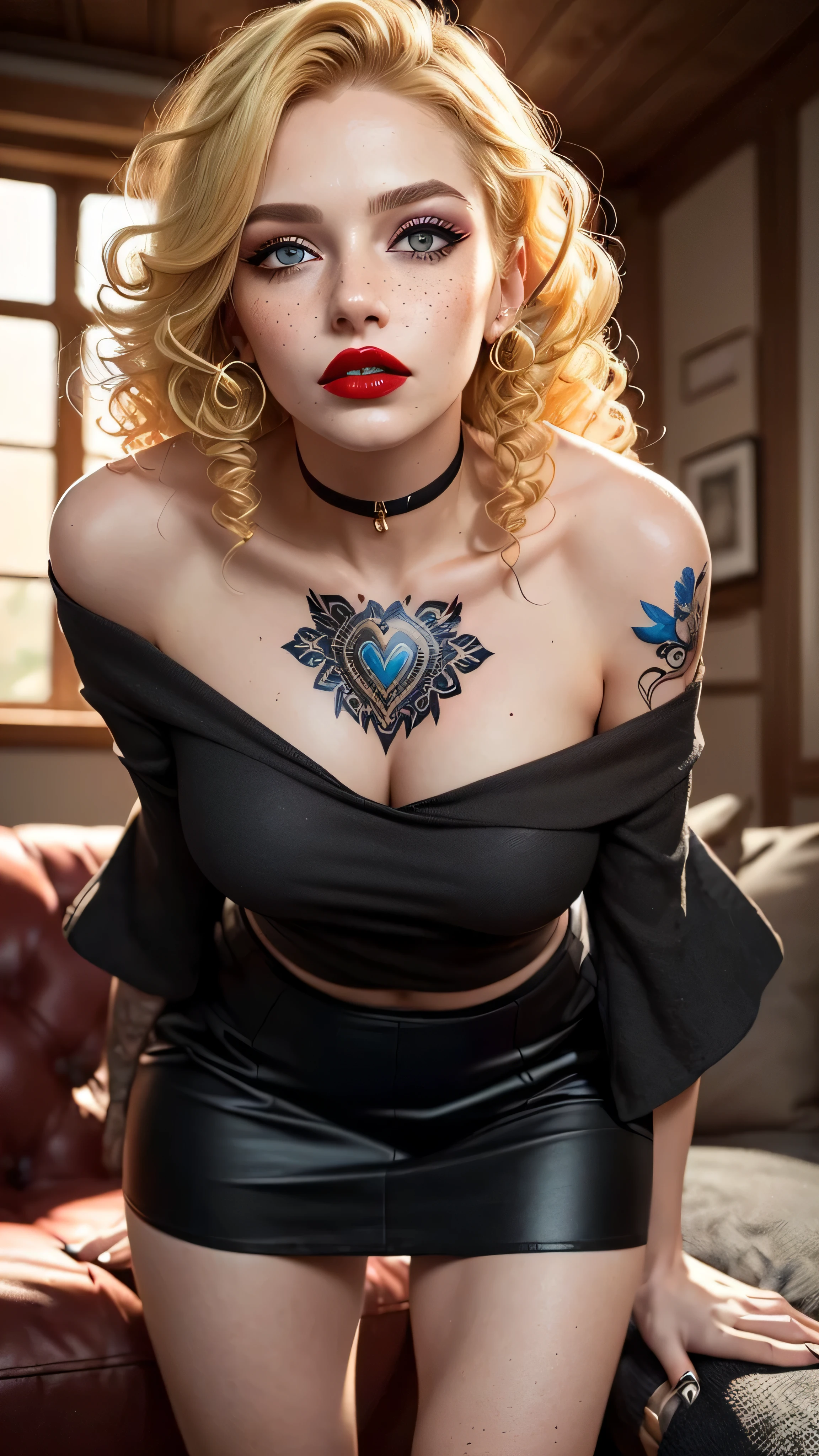 ((best quality: 1.0)) ((masterpiece: 1.2)), intricate details, sharp focus, professional, real life, realistic representation of the face, dynamic pose, in the style of realistic and hyper detailed renderings BREAK (((Muscular woman, ((body tattoos:0.4, (((black skirt, men's shirt, off shoulder, leaning forward), blackout goth eyeshadow, red lipstick)))), golden hour, ((((long blonde curly hair)), [flat chest:medium breasts:0.8]), indoors, couch), pouting, freckles: 0.7, ((iceblue eyes))))), photorealistic, hyper-realistic, 8K