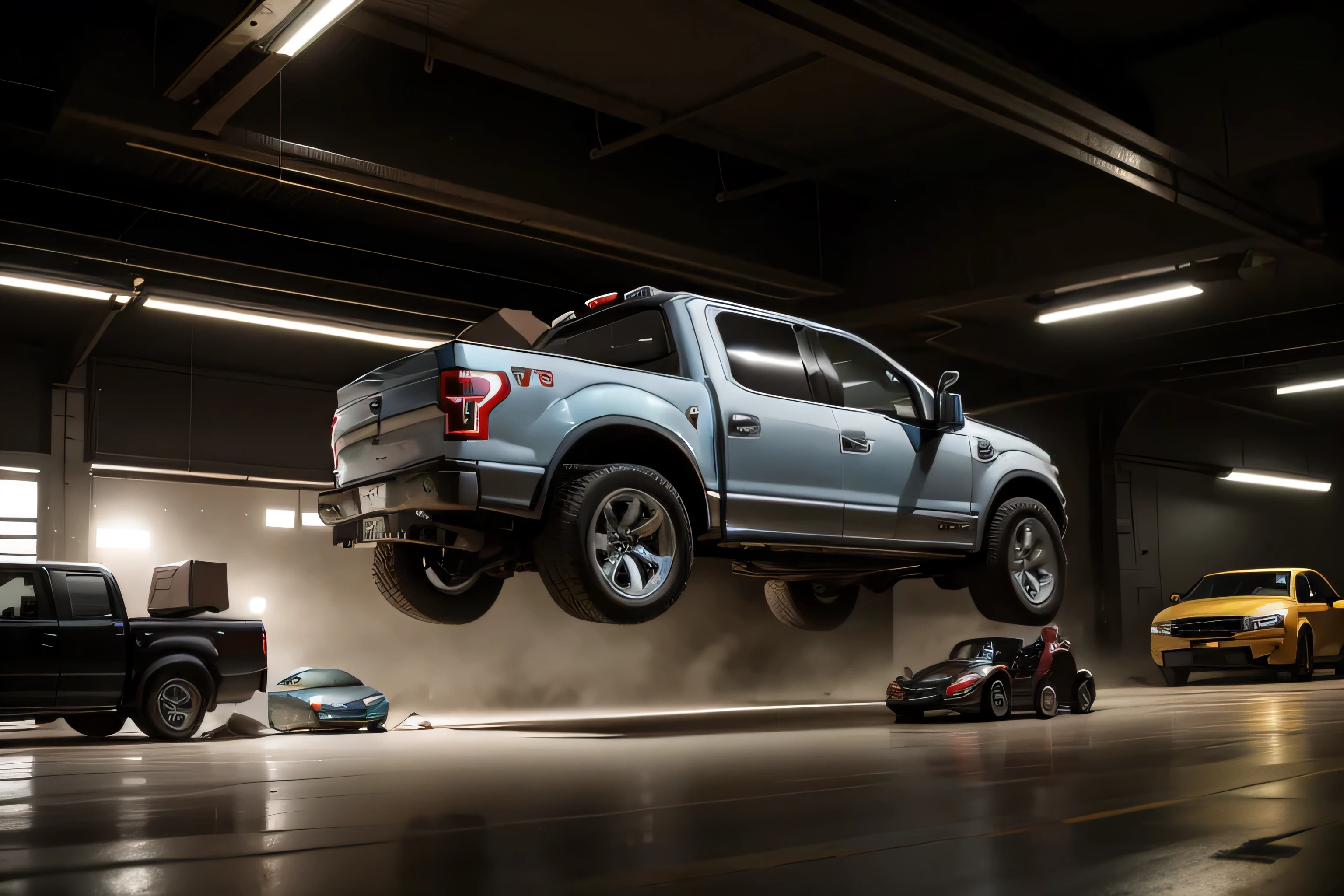The car on the scissors in the garage was replaced by a Ford F150，There is a car on it, surreal”, surreal ”, dynamic angle shooting, surreal”, surreal”, car photography, surreal”, surreal”, surreal, concept, behind the scenes, surreal”, a surreal, wide angle panorama, vehicle photography, surreal的, surreal，International Award-winning Photography Pixel
