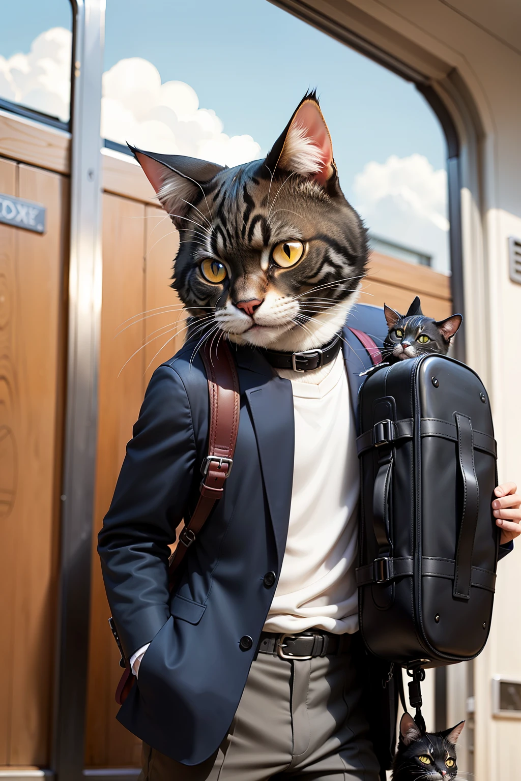 Mr. Meow, the charismatic feline overlord, proudly carries a cat bag, not just any bag, but a large-sized one, specifically designed for going out. The bag's material shines under the sunlight, resembling a space capsule that protects his precious belongings. Inside the bag, Mr. Meow's cat and dog companions share the spacious compartments of the cat and dog backpack, blissfully unaware of their impending adventure. The sturdy carrying bag, a perfect match for Mr. Meow's sophisticated ensemble, is adorned with aviation luggage-inspired designs, adding an air of sophistication to the enchanting