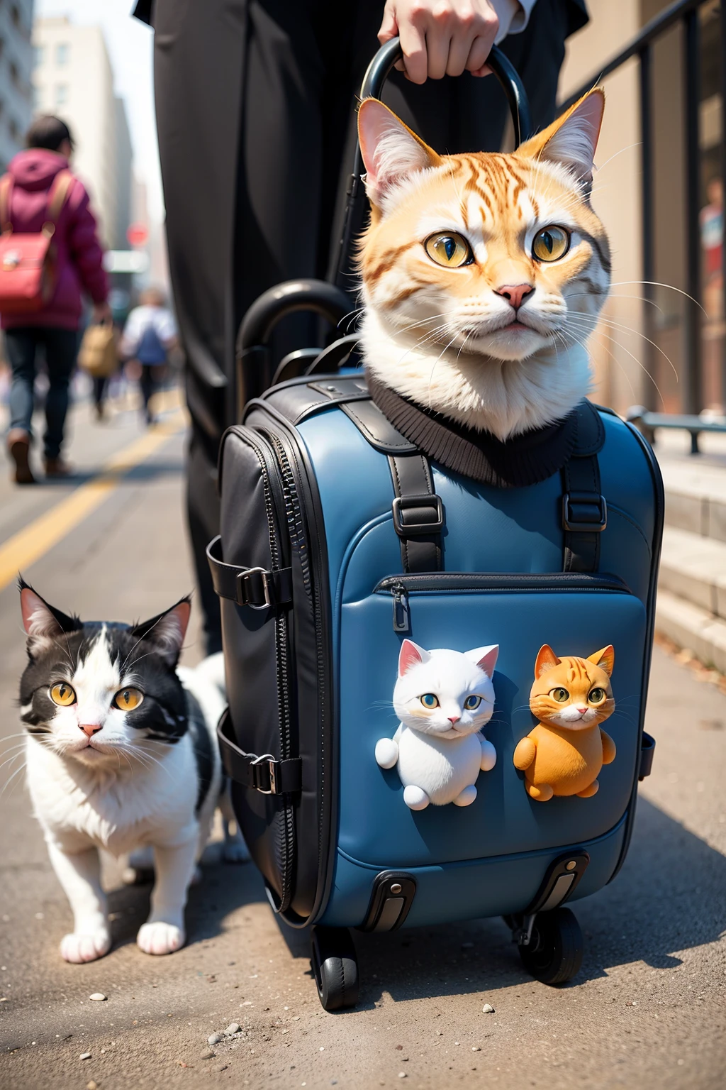 Mr. Meow, the charismatic feline overlord, proudly carries a cat bag, not just any bag, but a large-sized one, specifically designed for going out. The bag's material shines under the sunlight, resembling a space capsule that protects his precious belongings. Inside the bag, Mr. Meow's cat and dog companions share the spacious compartments of the cat and dog backpack, blissfully unaware of their impending adventure. The sturdy carrying bag, a perfect match for Mr. Meow's sophisticated ensemble, is adorned with aviation luggage-inspired designs, adding an air of sophistication to the enchanting