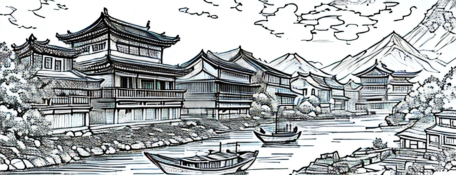 drawing of arafed river with boats and old buildings in it, chinese pen illustration, by Yang Borun, beautiful chinese city, detailed art, very detailed illustration, traditional korean city, by Ni Yuanlu, detailed sumi - e illustrations, detailed sumi-e illustrations, very detailed illustrations, simple line art”