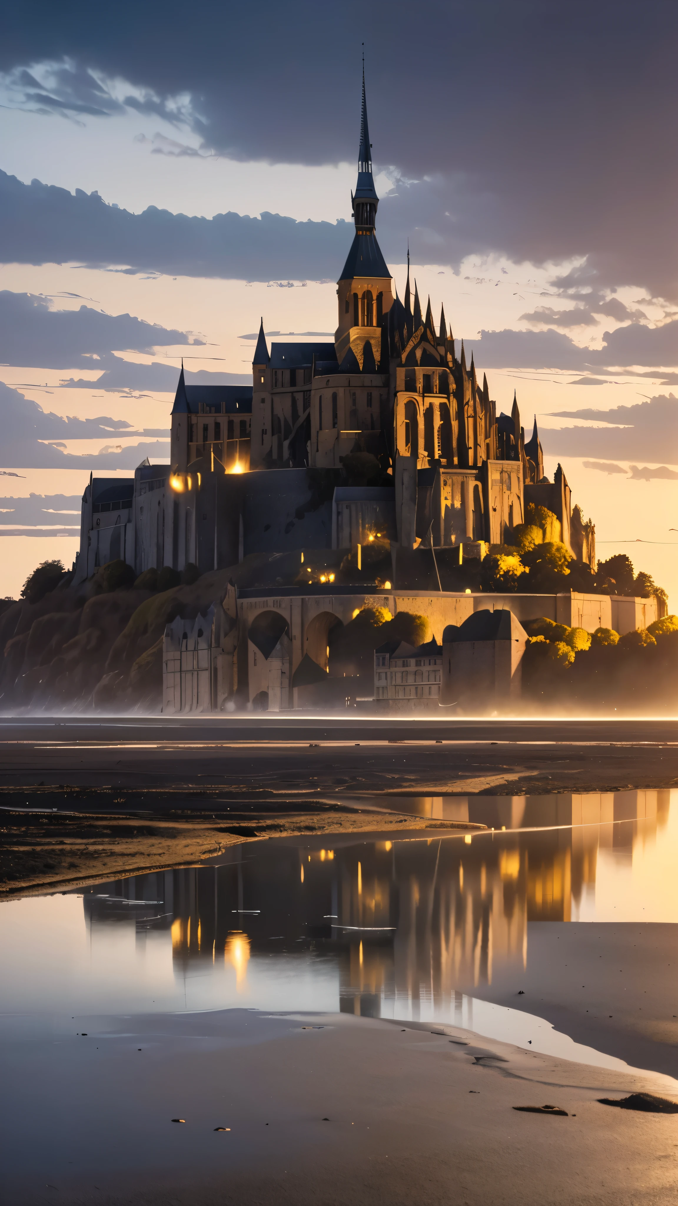 Masterpiece, After the Apocalypse, Mont Saint Michel stands resilient against the backdrop of a new dawn. The dark, tumultuous skies part just enough for a few hopeful rays of sunlight to highlight the Abbey's enduring majesty. Amidst the ruins, this fortress becomes a sanctuary of hope, hinting at the fragile beginnings of a new era. Rendered in exquisite detail and high resolution, this image captures the timeless grandeur of Mont Saint Michel, a beacon of strength and rebirth in a transformed world, 16K, ultra high res.photorealistic, UHD, RAW