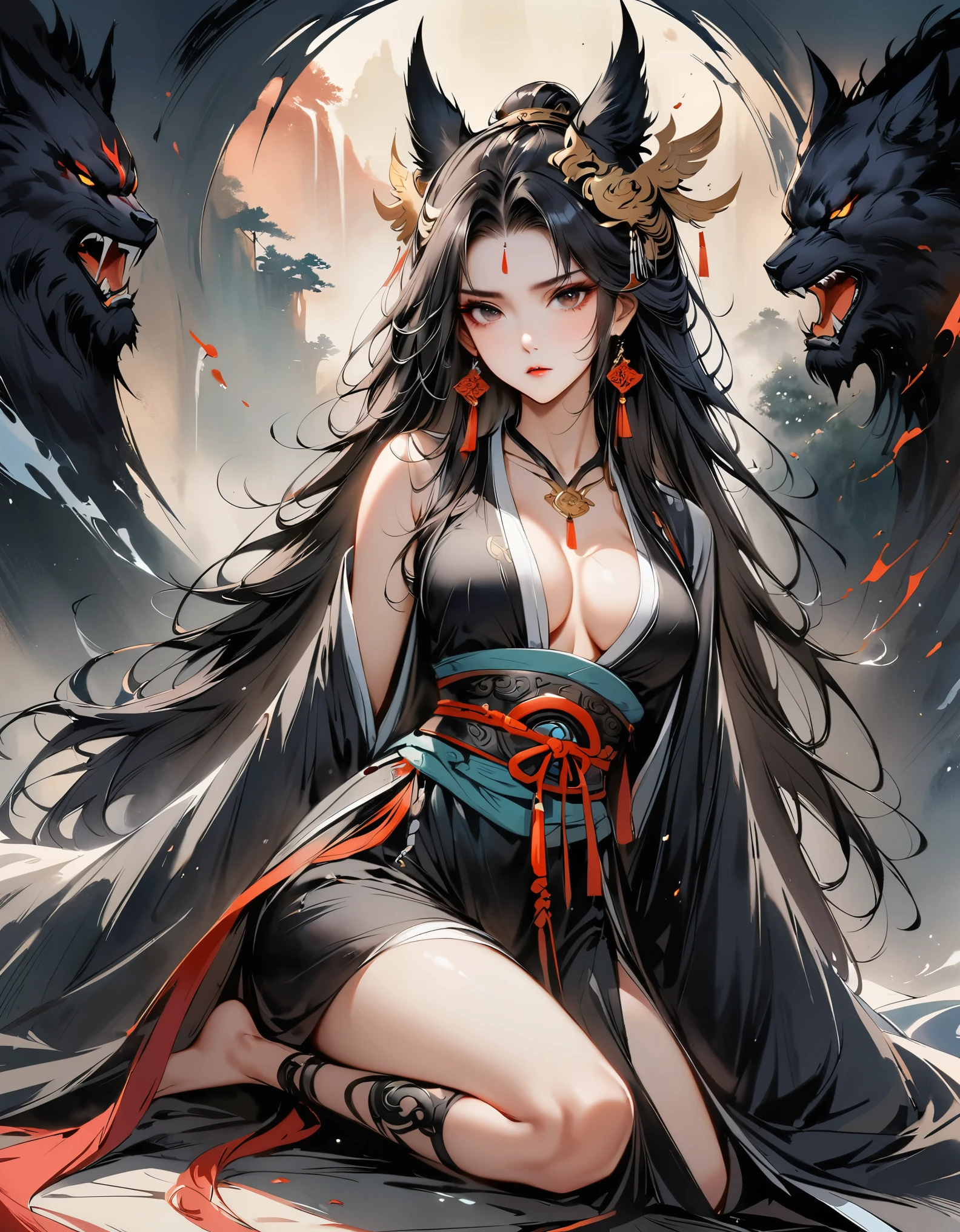 (masterpiece, best quality:1.2), 1 girl, alone,Two dimensions,amazing,Inspired by the myths and legends of Guilin, China:Liu Sanjie,A bust of a woman 白色的长发,black eyes, Peerless beauty,a woman, with a cloak on his head,sitting,barefoot,, metal jewelry, Serious expression, attack action, hanfu, black clothes, icy look in the eye, loose hair, (ink smudges) beautiful figure painting, Clothing black and white ink style, Delicate complexion, watercolor, soft, martial arts style, ethnic style, Exquisite and beautiful face, girdle, sharp vision,black theme,The ferocious beast behind,(body movements,whole body,Correct human anatomy)