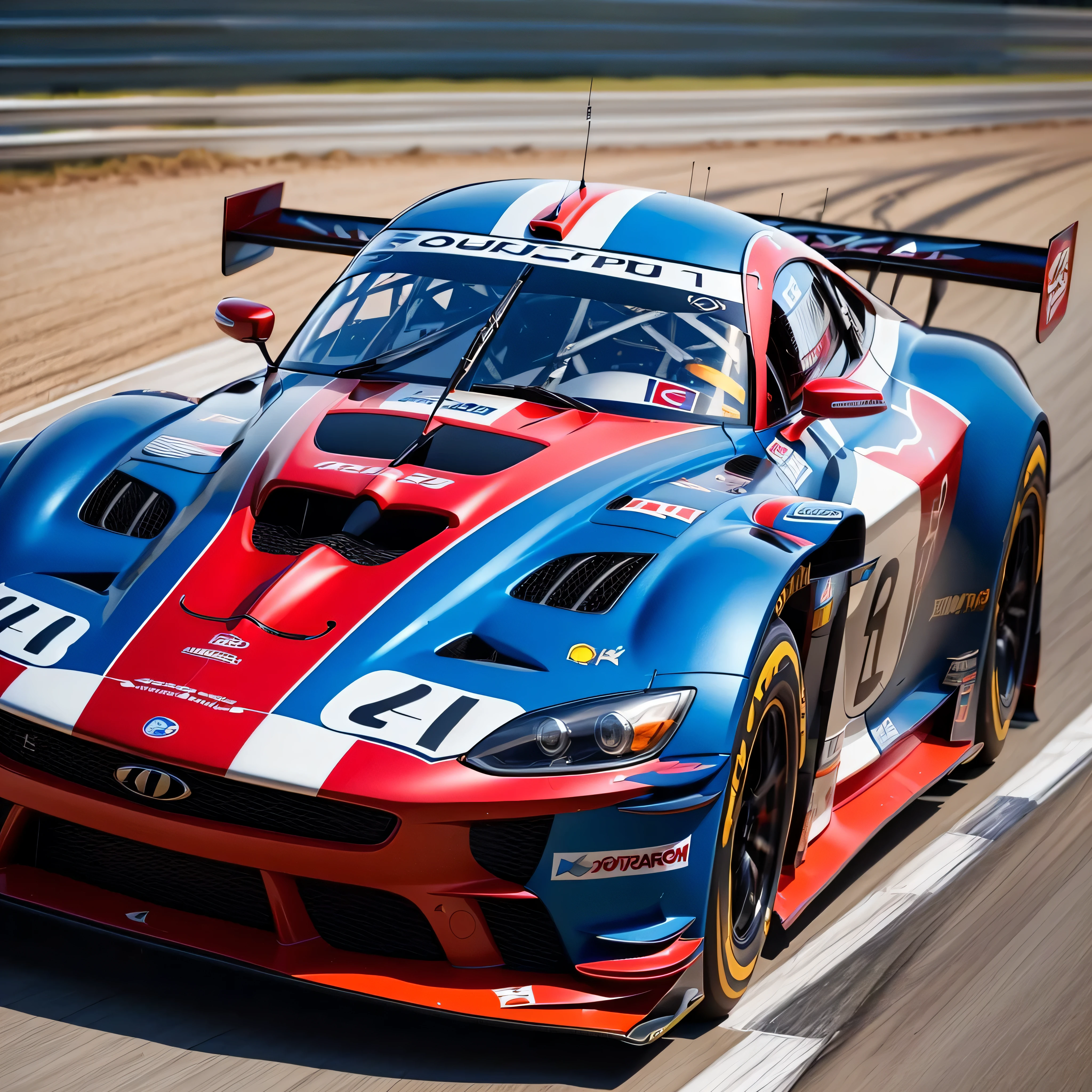 ((best quality: 1.5)) ((masterpiece: 0.8)), intricate details, sharp focus, professional, ((racing car, red white blue, from below)), photorealistic, hyper-realistic, 8K