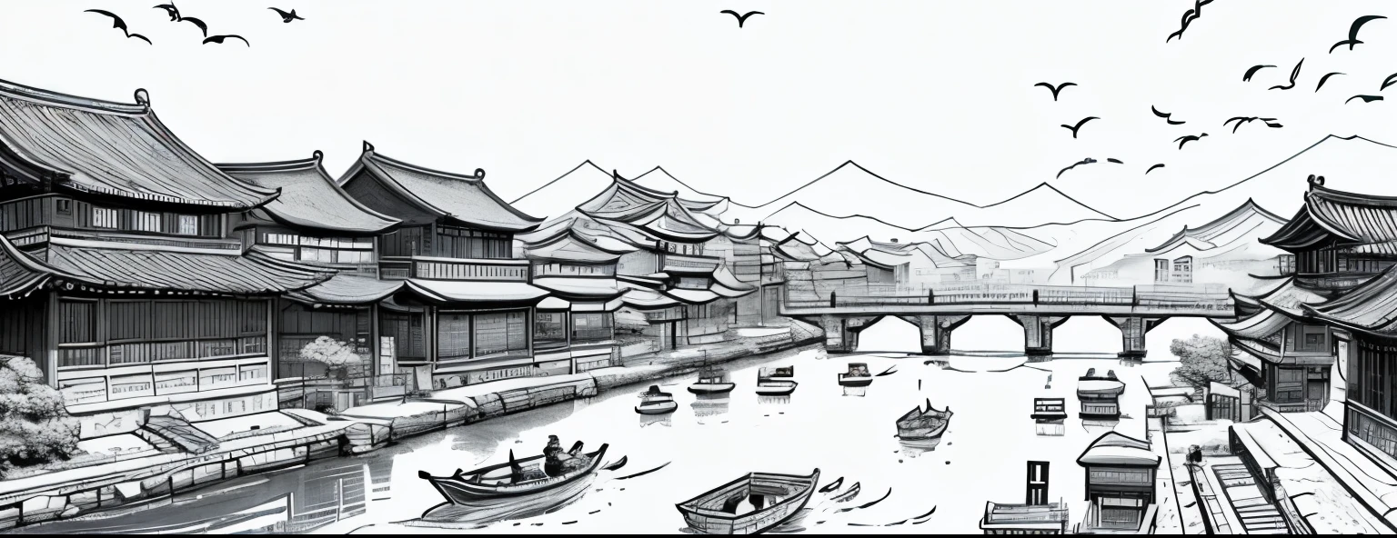 drawing of arafed river with boats and old buildings in it, chinese pen illustration, by Yang Borun, beautiful chinese city, detailed art, very detailed illustration, traditional korean city, by Ni Yuanlu, detailed sumi - e illustrations, detailed sumi-e illustrations, very detailed illustrations, simple line art,no shadow, no gradation”
