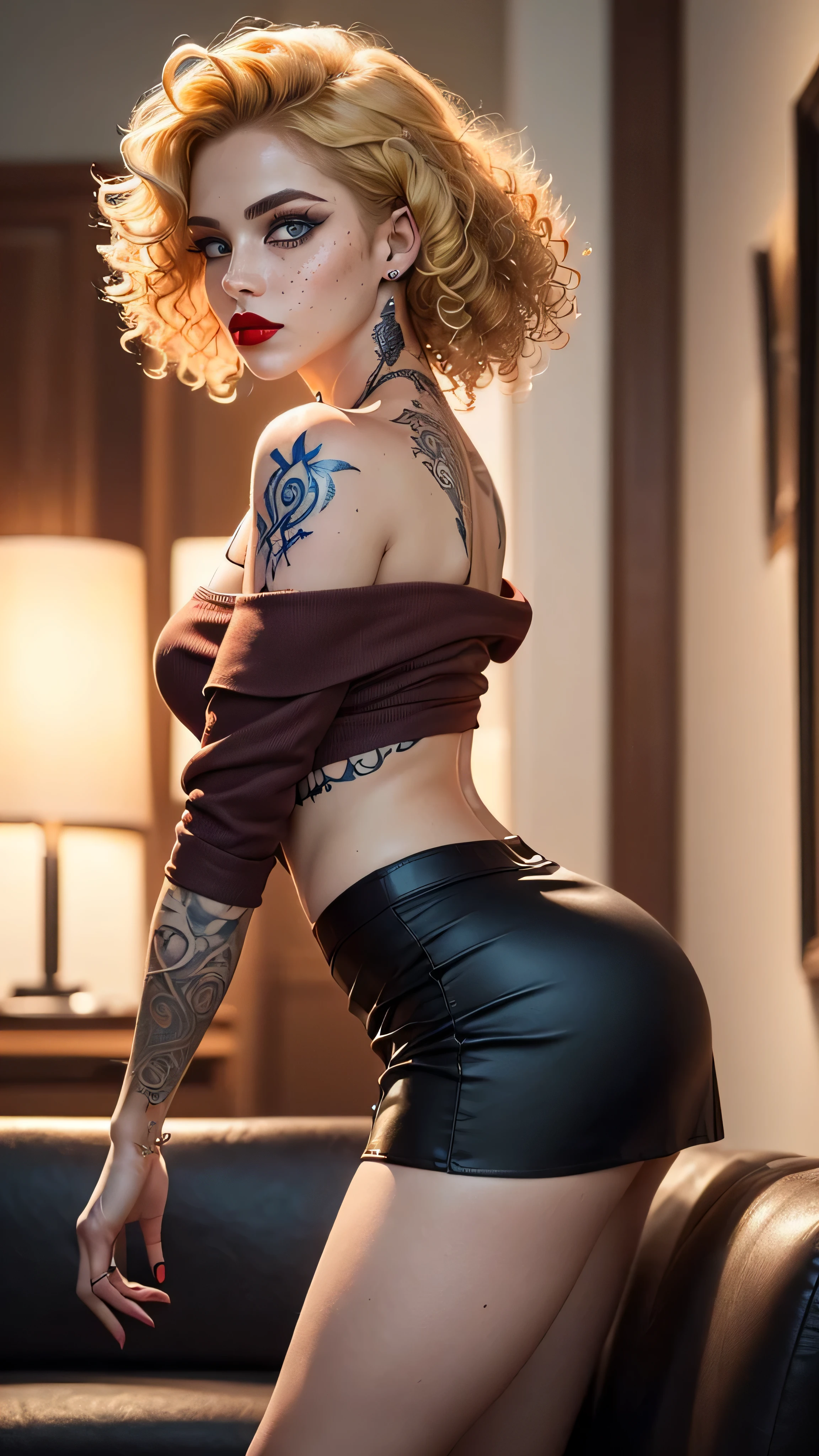 ((best quality: 1.0)) ((masterpiece: 1.2)), intricate details, sharp focus, professional, real life, realistic representation of the face, dynamic pose, in the style of realistic and hyper detailed renderings BREAK (((Muscular woman, ((body tattoos:0.4, (((black skirt, men's shirt, off shoulder, leaning forward, rear view), blackout goth eyeshadow, red lipstick)))), golden hour, ((((long blonde curly hair)), [flat chest:medium breasts:0.8]), indoors, couch), pouting, freckles: 0.7, ((iceblue eyes))))), photorealistic, hyper-realistic, 8K