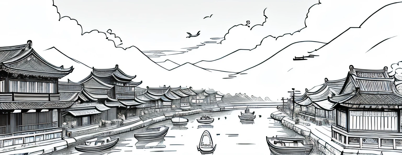 drawing of arafed river with boats and old buildings in it, chinese pen illustration, by Yang Borun, beautiful chinese city, detailed art, very detailed illustration, traditional korean city, by Ni Yuanlu, detailed sumi - e illustrations, detailed sumi-e illustrations, very detailed illustrations, simple line art,no shadow, no gradation”