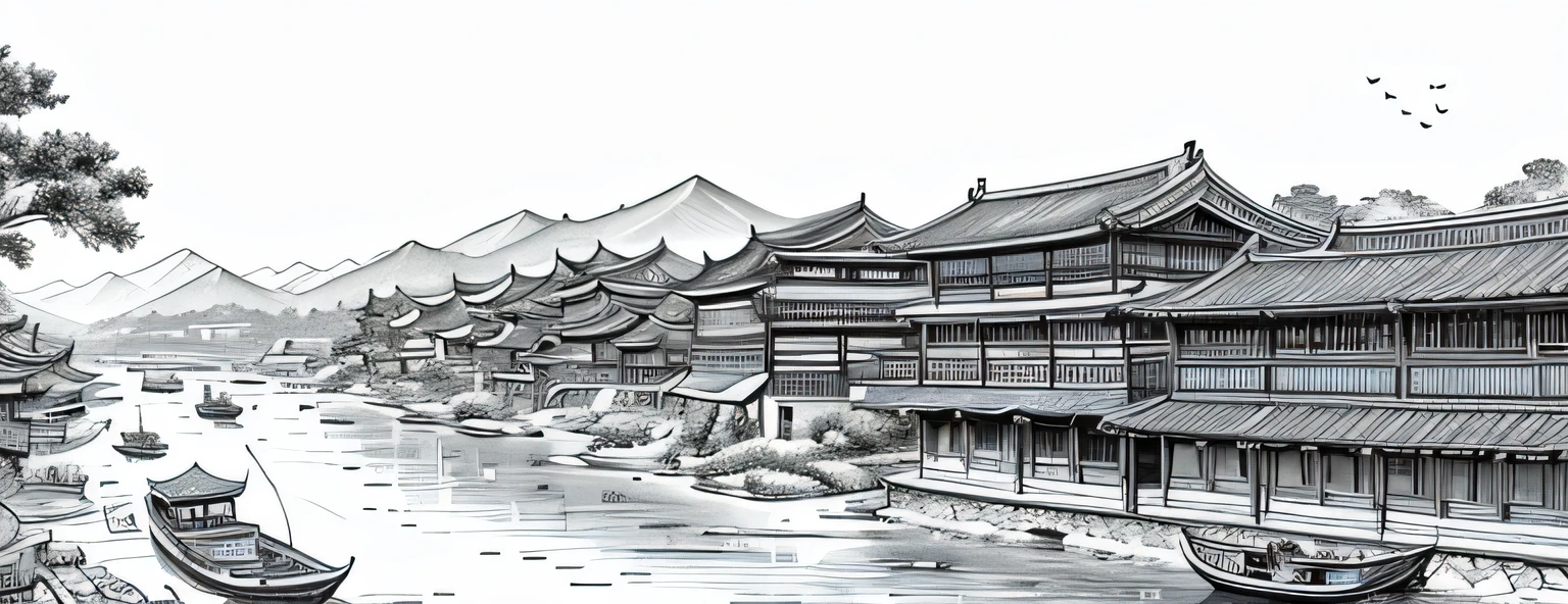 drawing of arafed river with boats and old buildings in it, chinese pen illustration, by Yang Borun, beautiful chinese city, detailed art, very detailed illustration, traditional korean city, by Ni Yuanlu, detailed sumi - e illustrations, detailed sumi-e illustrations, very detailed illustrations, simple line art,no shadow, no gradation”