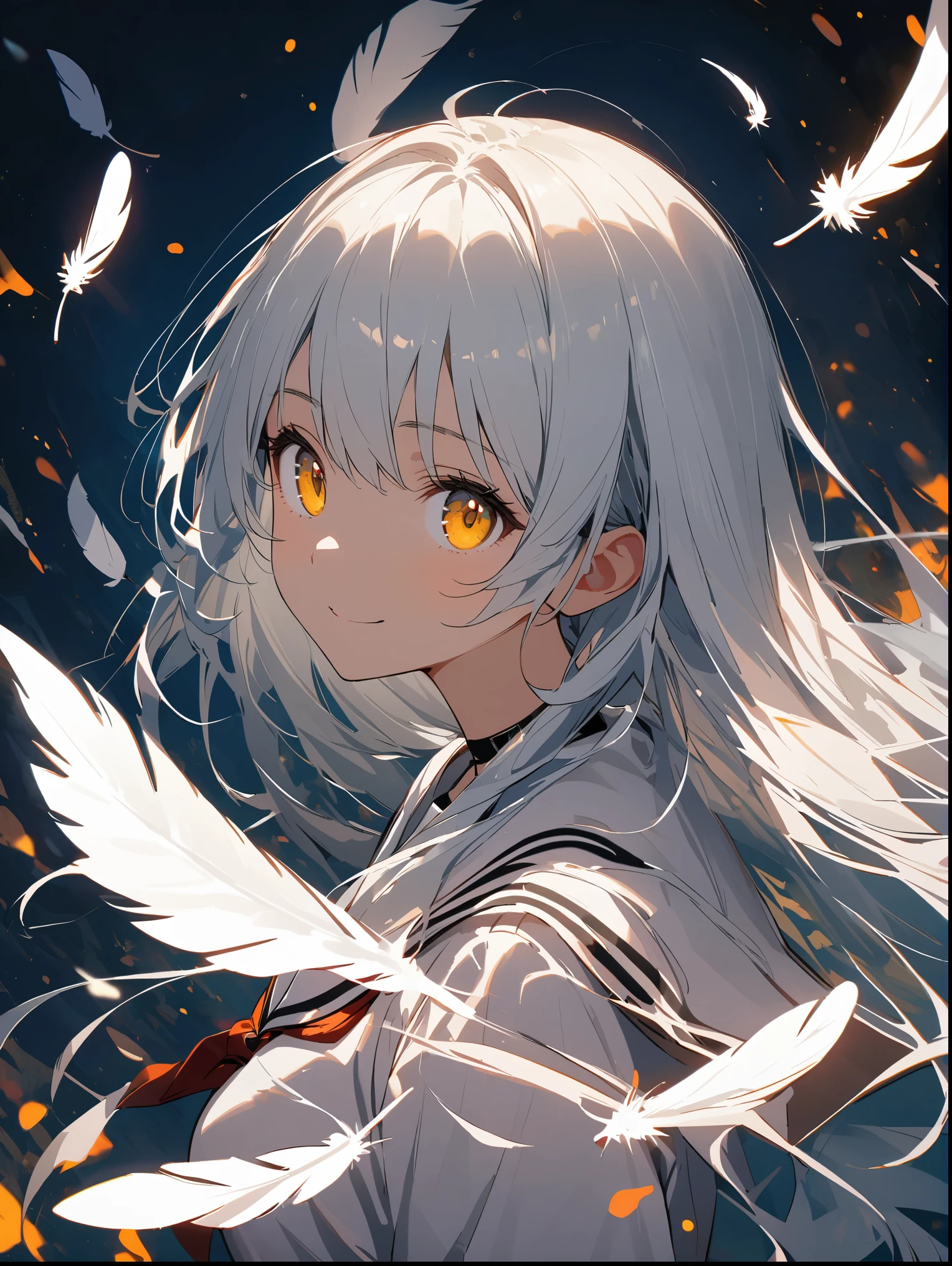 8K resolution, ((highest quality)), ((masterpiece)), ((Super detailed)), (andても繊細で美しい), 少女and, Solo, gentle expression, 彼女はandても(relax)and(Calm)exterior, white haired, written boundary depth, bright smile, bright yellow eyes, bright white hair, beautiful background, long hair, linear art, black skirt, White uniform like a sailor suit, Angel, Angelの白い翼, White feathers flutter, Eyes that shine like amber, upper grade, wonderful eyes, Upper body
