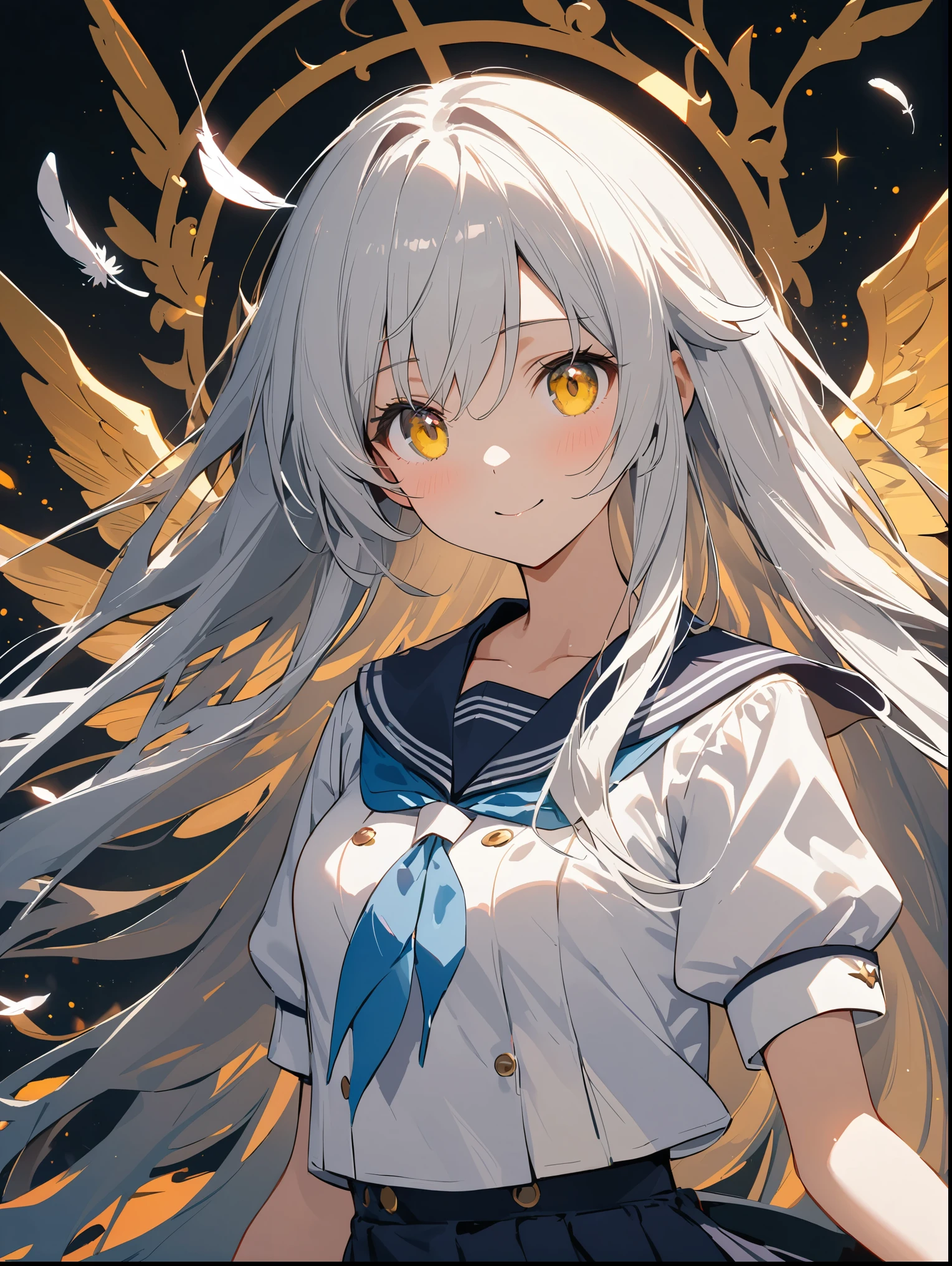 8K resolution, ((highest quality)), ((masterpiece)), ((Super detailed)), (andても繊細で美しい), 少女and, Solo, gentle expression, 彼女はandても(relax)and(Calm)exterior, white haired, written boundary depth, bright smile, bright yellow eyes, bright white hair, beautiful background, long hair, linear art, black skirt, White uniform like a sailor suit, Angel, Angelの白い翼, White feathers flutter, Eyes that shine like amber, upper grade, wonderful eyes, Upper body
