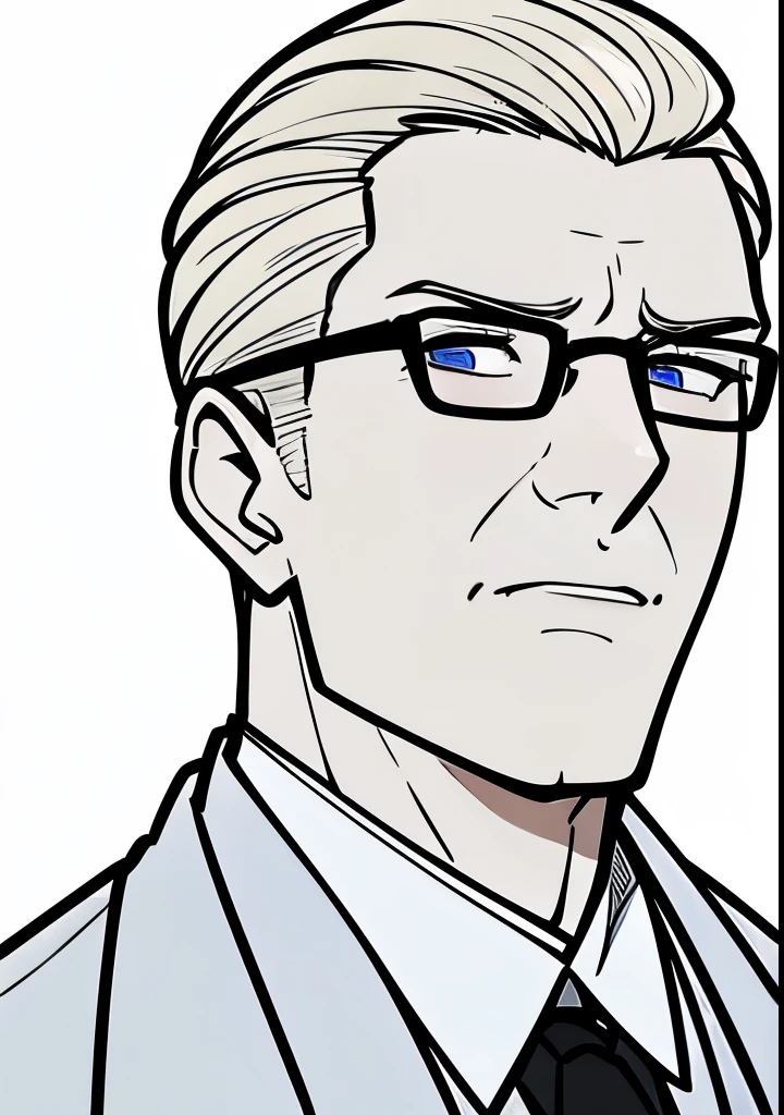 Adult male, white and tender skin, pale blonde slicked back combed short hair, kaisermustache and a ducktail beard, steel blue eyes, green and slightly mature, serious and emotionless facial expression,wearing a black suit jacket, white collar shirt, black tie and suit pants and glasses, portrait style, facing forwards