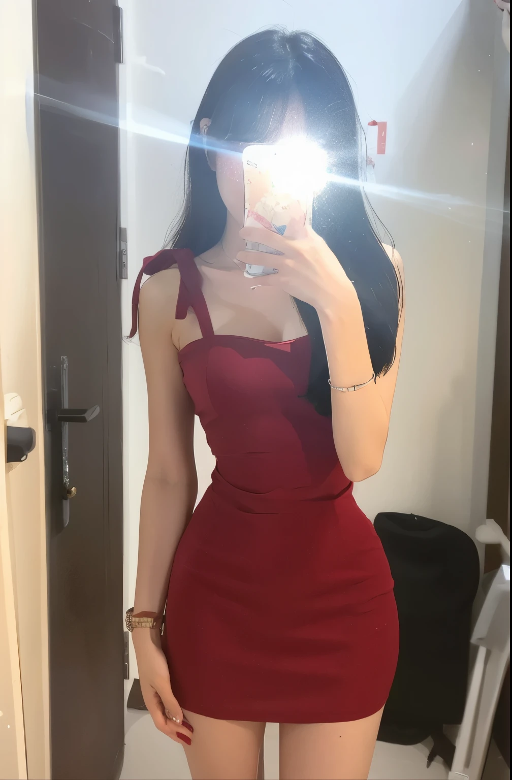 there is a woman taking a selfie in a red dress, wearing red dress, wearing a red dress, red dress, sexy dress, in a red dress, wearing a skirt, wearing clothes, red short skirt, sexy red dress, short skirt, tight dress, girl wears a red dress, Body, Height 165 cm, simple clothes