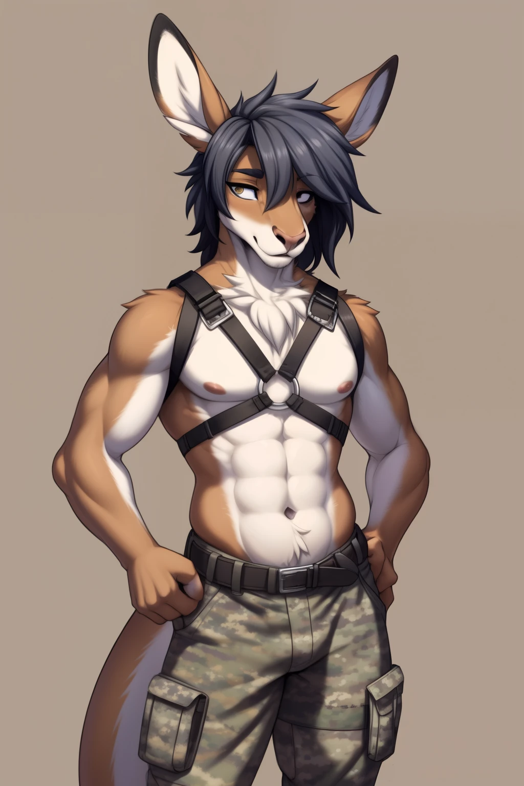 Kangaroo, formal standing pose, nougat fur colors, white torso patch furs, emo hair, eyes hidden by hair, neutral, male, torso military belt, soldier harness pouches, shirtless, camo pants,