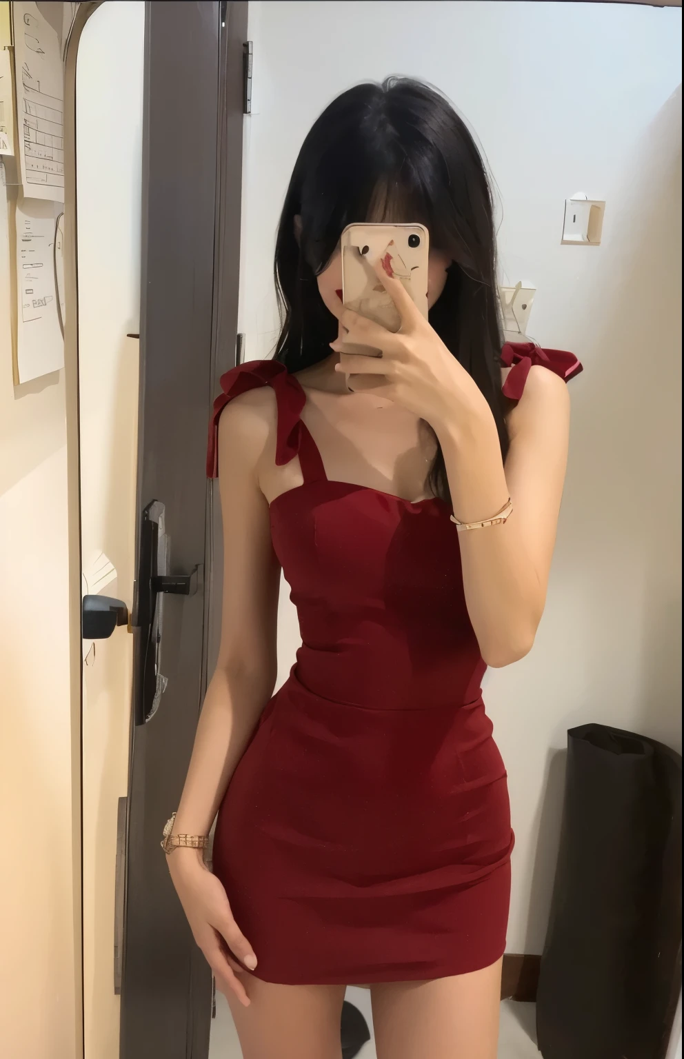 araffe woman in a red dress taking a selfie in a mirror, wearing red dress, wearing a red dress, red dress, sexy dress, wearing clothes, in a red dress, wearing a skirt, sexy red dress, red short skirt, Body, girl wears a red dress, Height 165 cm, short skirt, red hot