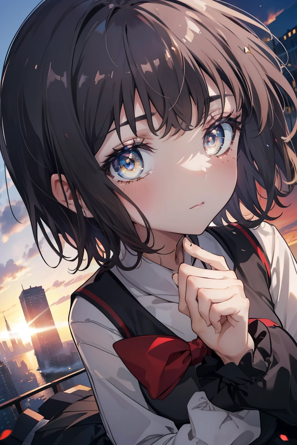 highest quality, masterpiece, High resolution, alone, {Itsuwa_toarumajutsunoindex:1.15}, brown eyes, brown hair, short hair, 1 girl, black hair,  black sailor suit,black pleated skirt,white stockings,brown loafers,walking,evening,sunset,In town,building street,(masterpiece:1.2), highest quality, High resolution, unity 8k wallpaper, (shape:0.8), (beautiful and detailed eyes:1.6), highly detailed face, perfect lighting, Very detailed CG, (perfect hands, perfect anatomy),