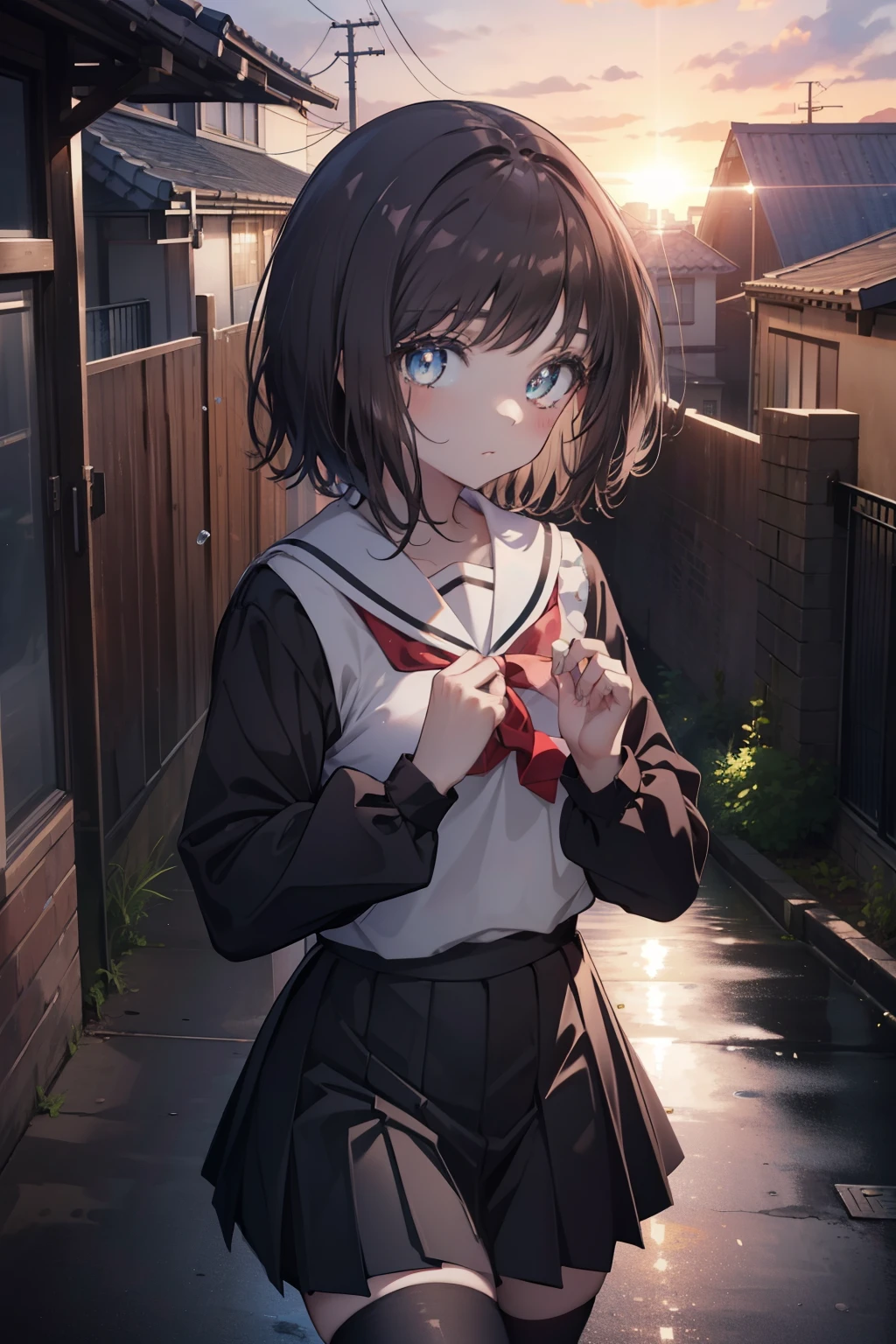 highest quality, masterpiece, High resolution, alone, {Itsuwa_toarumajutsunoindex:1.15}, brown eyes, brown hair, short hair, 1 girl, black hair,  black sailor suit,black pleated skirt,white stockings,brown loafers,walking,evening,sunset,In town,building street,(masterpiece:1.2), highest quality, High resolution, unity 8k wallpaper, (shape:0.8), (beautiful and detailed eyes:1.6), highly detailed face, perfect lighting, Very detailed CG, (perfect hands, perfect anatomy),